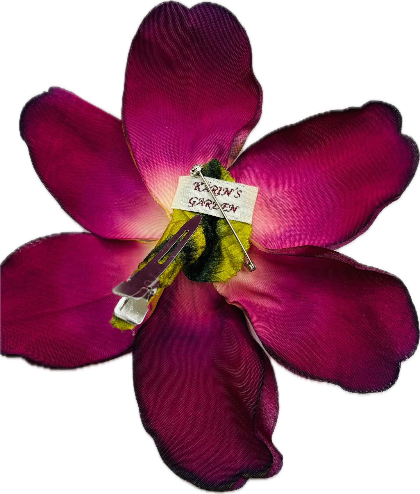 "Clementine" 4" Silk Clematis Red Brooch and Clip. Karin's Garden. Bendable Petals. Pin or Clip into hair, onto dress, lapel, handbag and more.