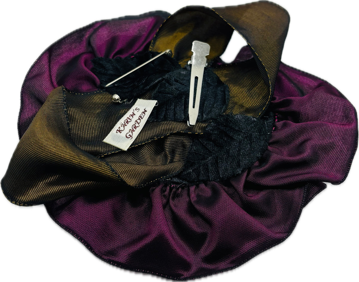 “Rosette” Brooch & Clip in Plum.  Pin or Clip to dresses, lapels, handbag or hat.  Made in the USA.  You can reshape the flower and leaves.