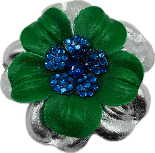 "Seahawks" Glam Leather Crystal Daisy Pin & Clip 2 1/2".  Crystal Center.  Green with Blue Center. Made in Seattle with Love