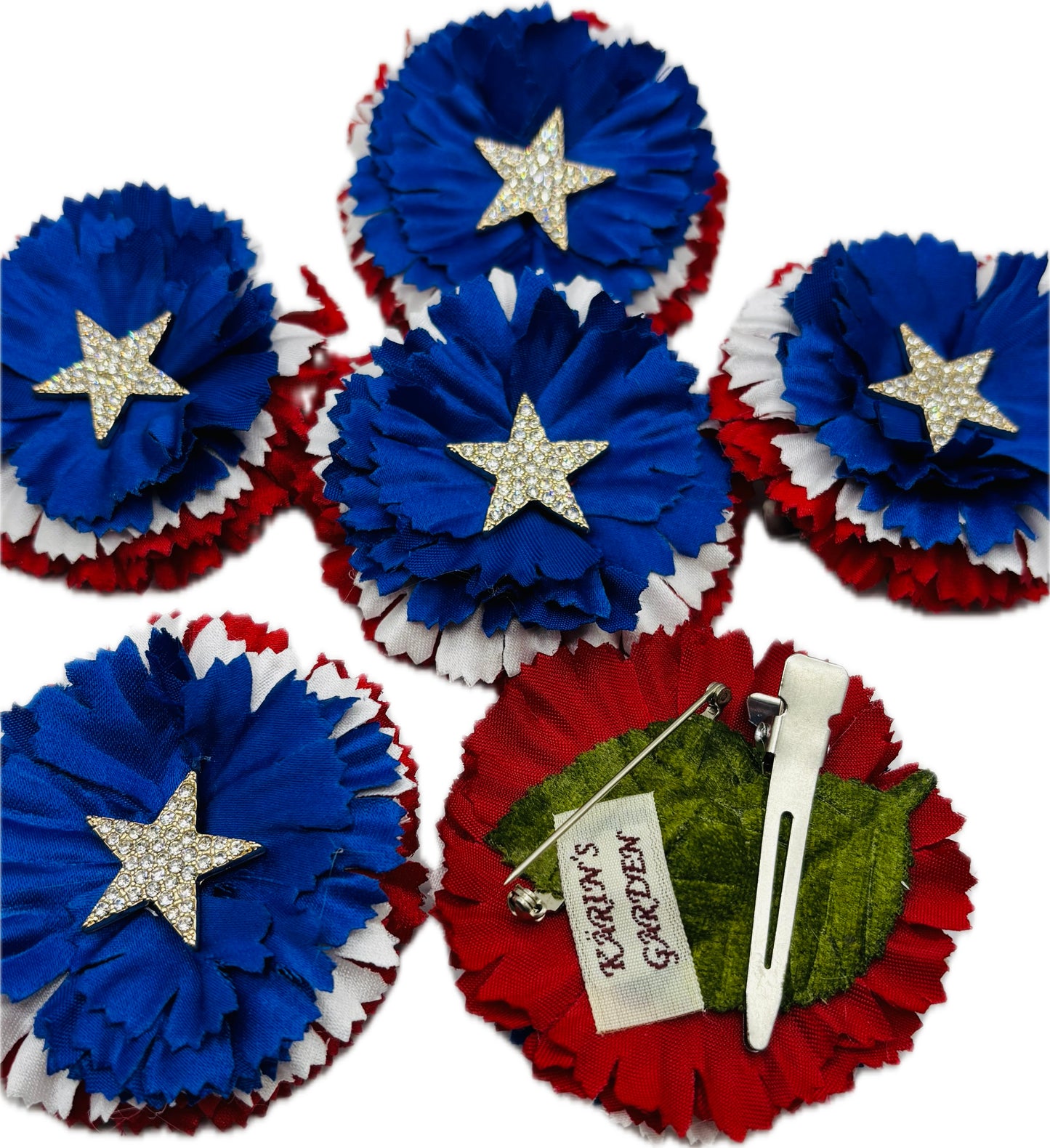USA Classic Silk Carnation with Star Crystal Center.  Both a  Brooch & Clip. Size 3” Made in the USA.  Clip into hair, onto necklace, dress, lapel, handbag & more.