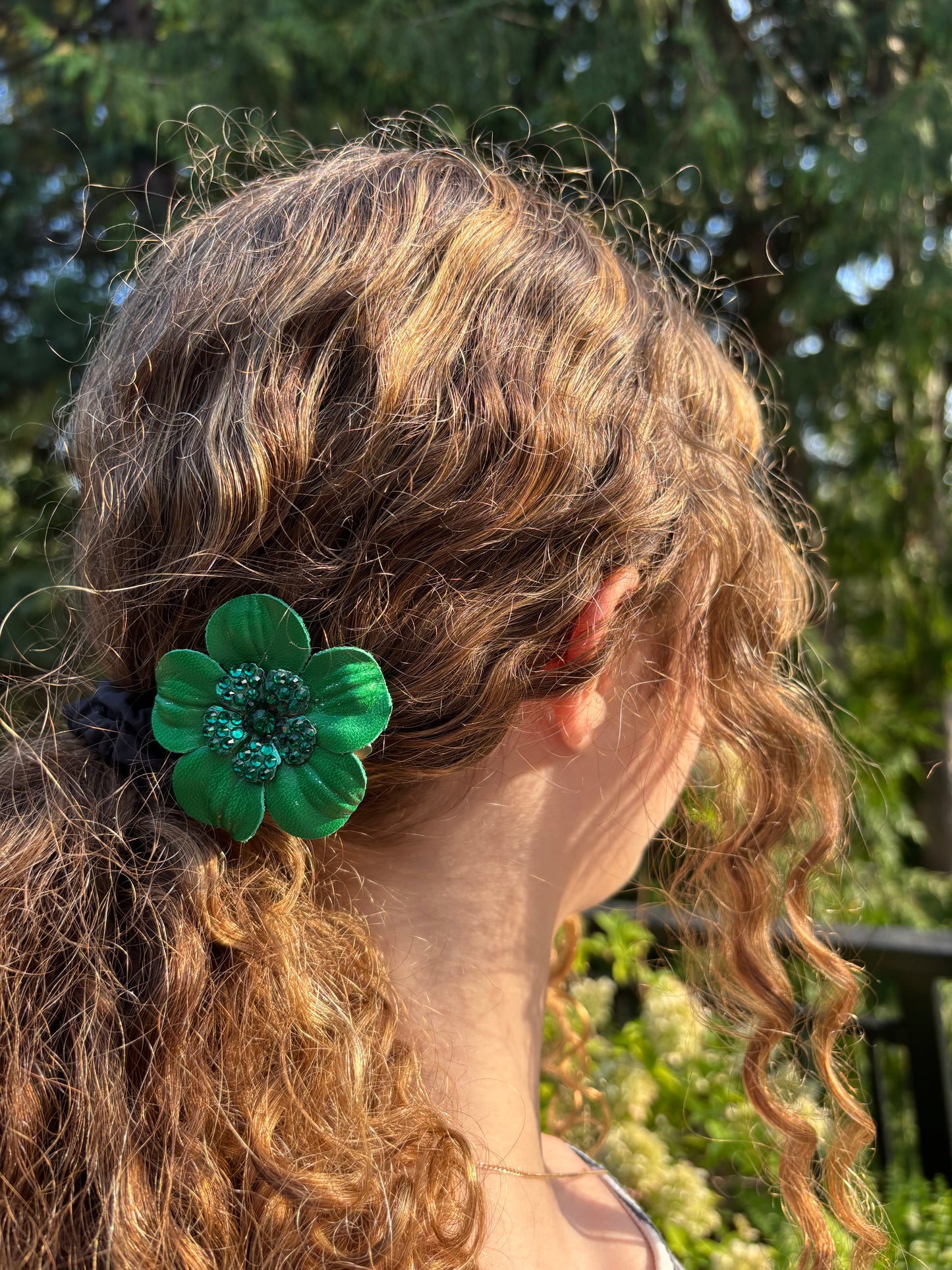 Karin's Garden 2.25" "Coco" Petite Turquoise Leather & Crystal Flower Pin & Clip. Made in the USA