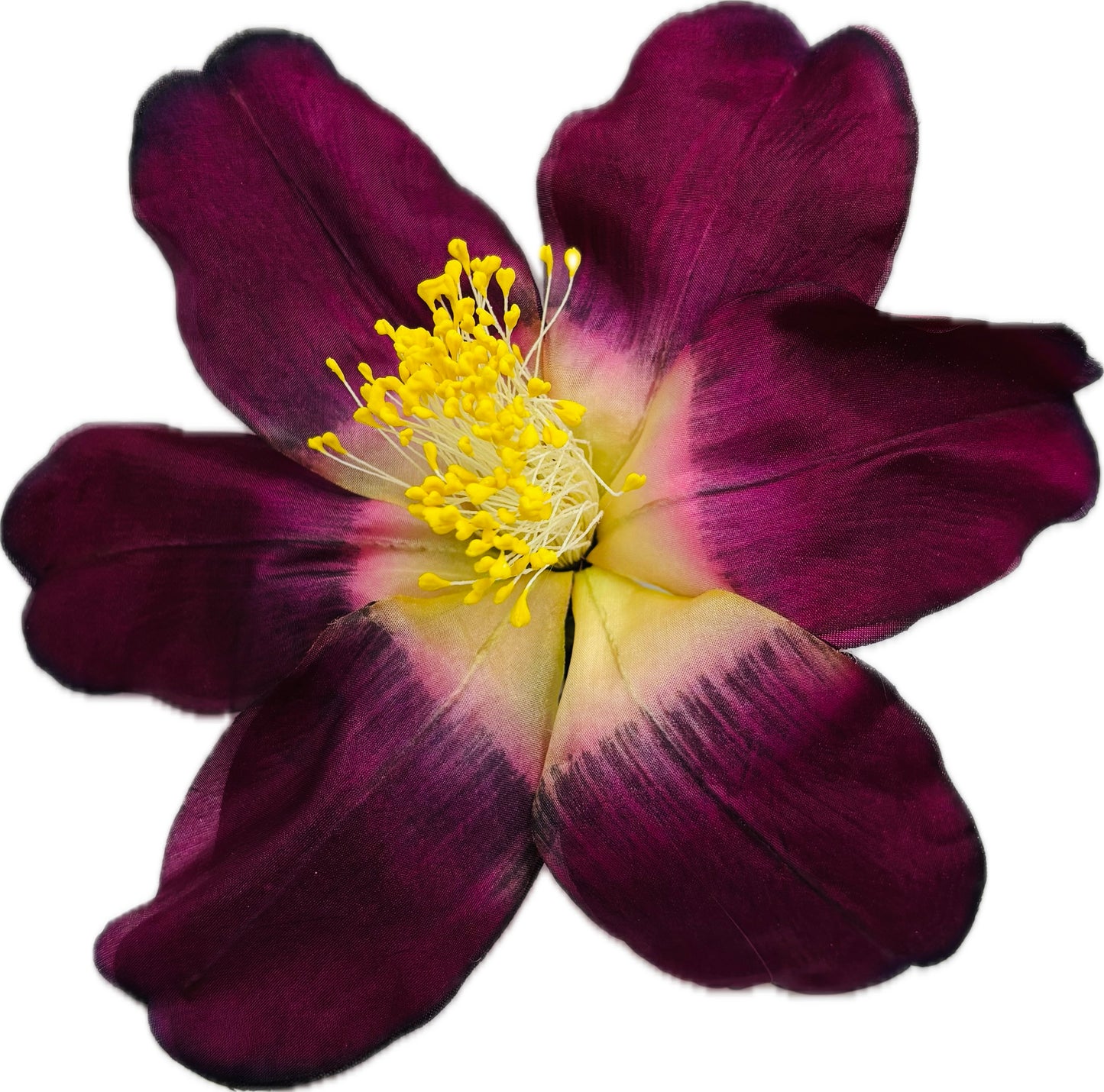 "Clementine" 4" Silk Clematis Purple Brooch and Clip. Karin's Garden. Bendable Petals. Pin or Clip into hair, onto dress, lapel, handbag and more.