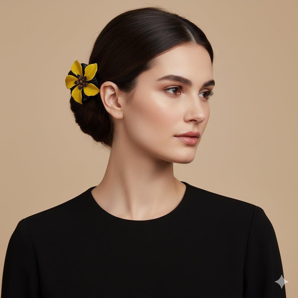 "Leigh" Enamel with Leather and Crystals Brooch Clip 2.5" Navy Gold