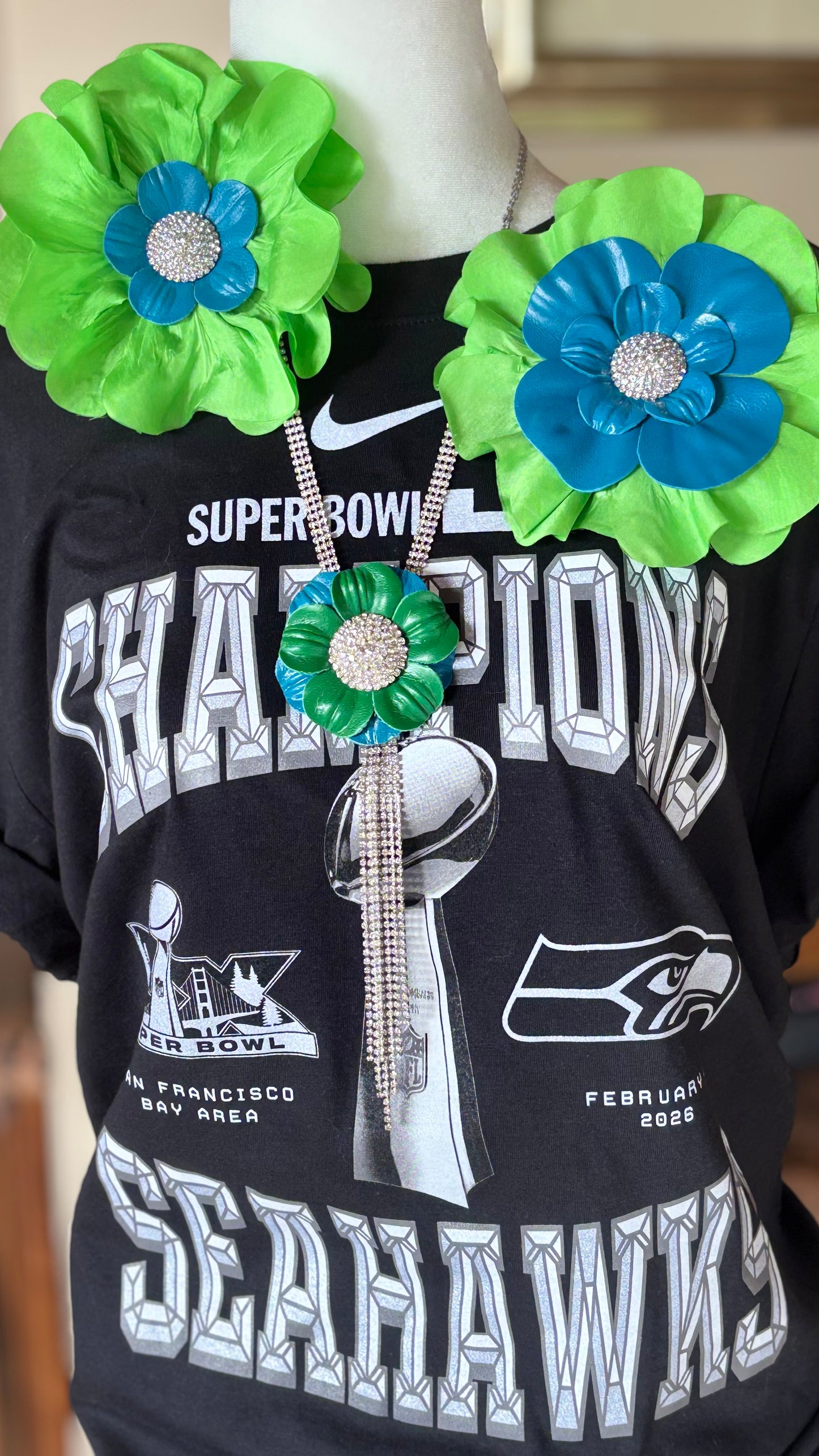 "Seattle SEAHAWKS" Lime Silk and Blue Leather Silk Poppy Crystal Brooch and Clip: Bendable Petals.  Wear on jersey, in hair, on handbag and more