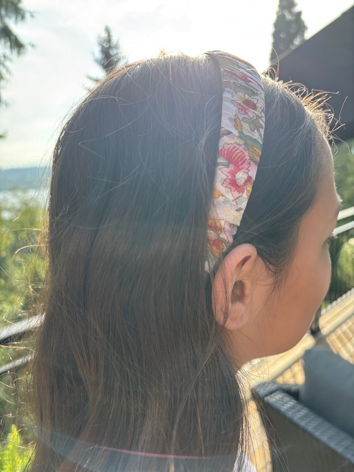 Karin's Garden 1" Silk Chiffon Floral Headband.  Handmade in the USA.  In white floral or black floral