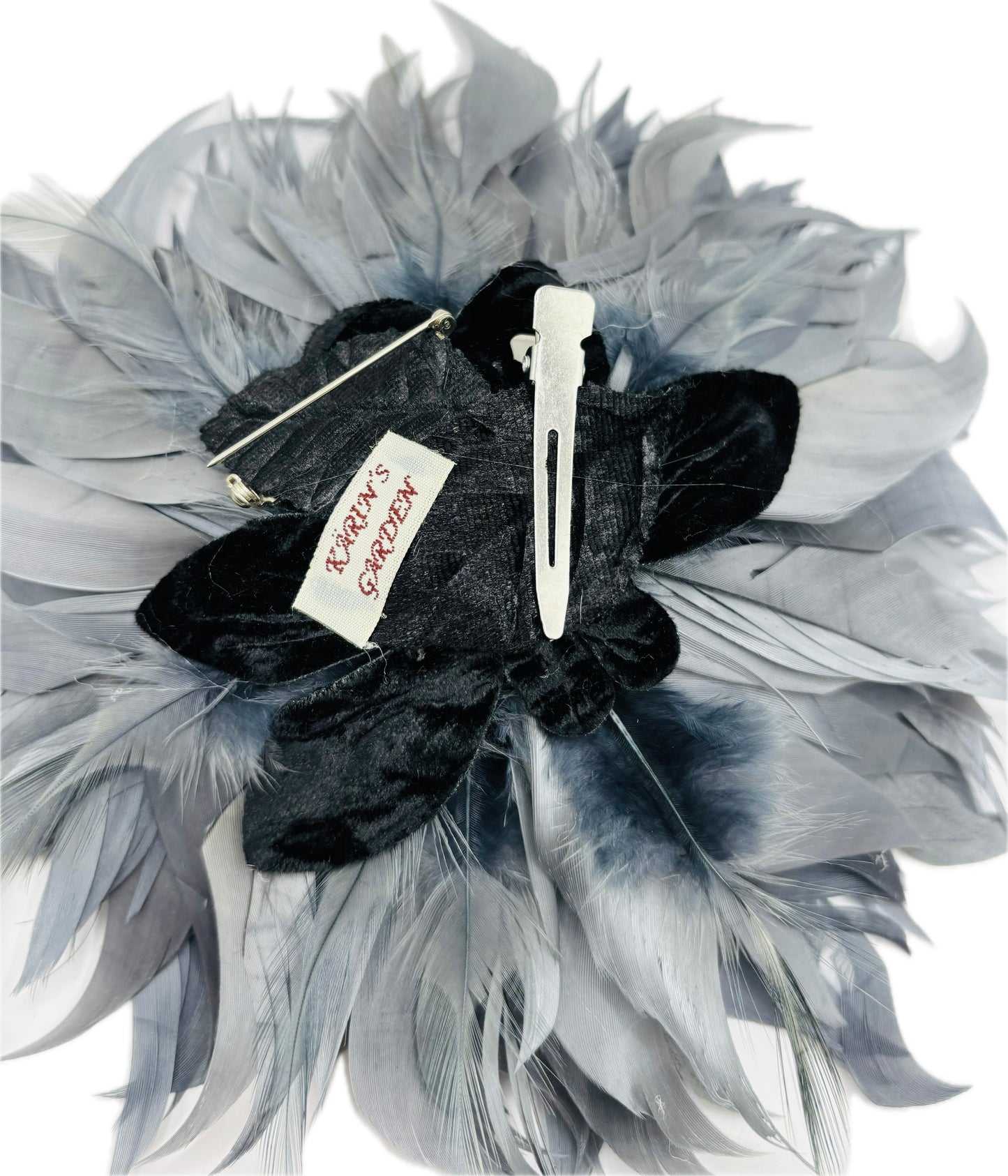 "Josephine" Feather Brooch & Clip in Gray.  Wear on your lapel, dress, in your hair, on purse, hat and more.