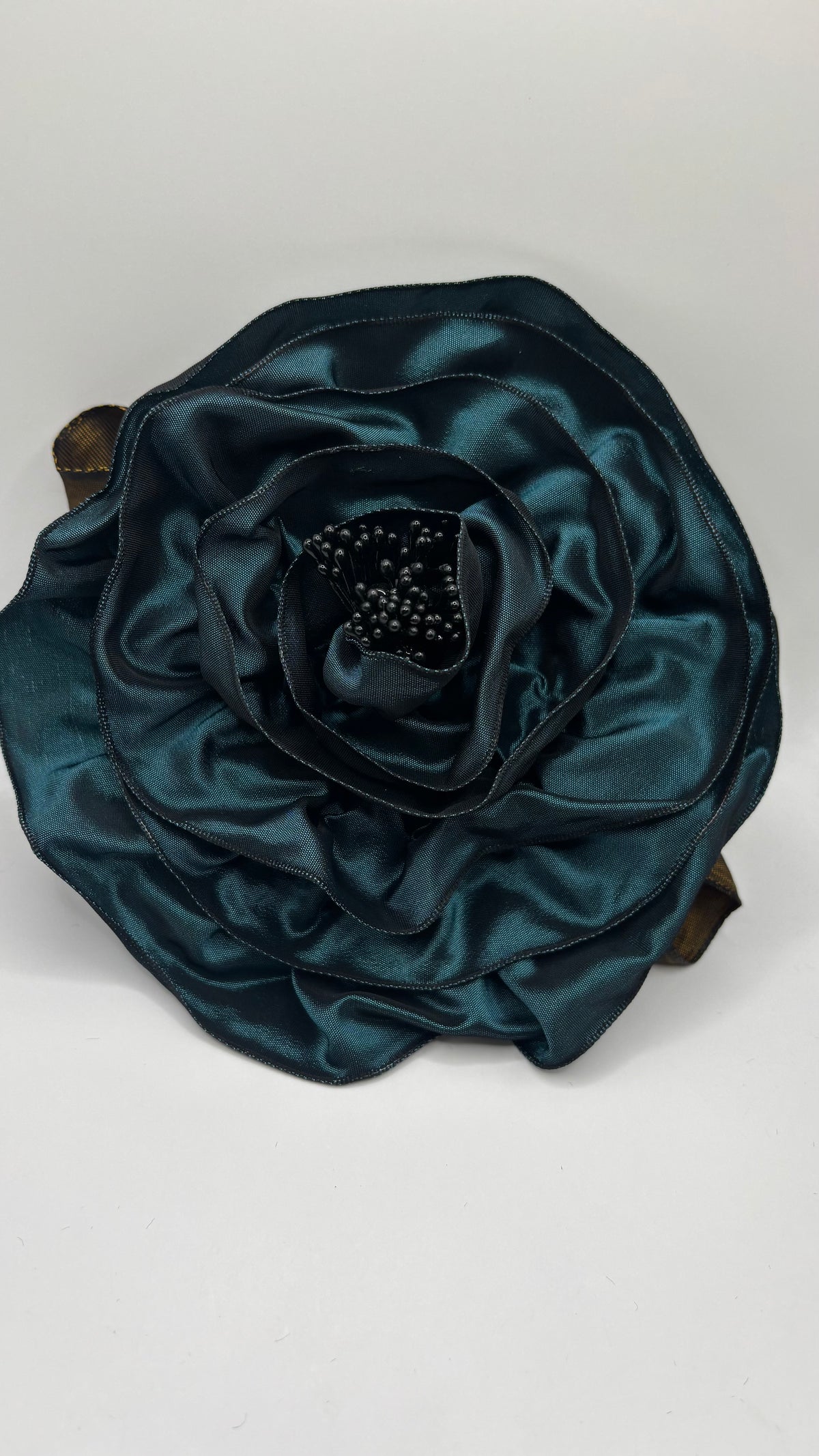 “Rosette” Brooch & Clip in Teal.  Pin or Clip to dresses, lapels, handbag or hat.  Made in the USA.  You can reshape the flower and leaves.