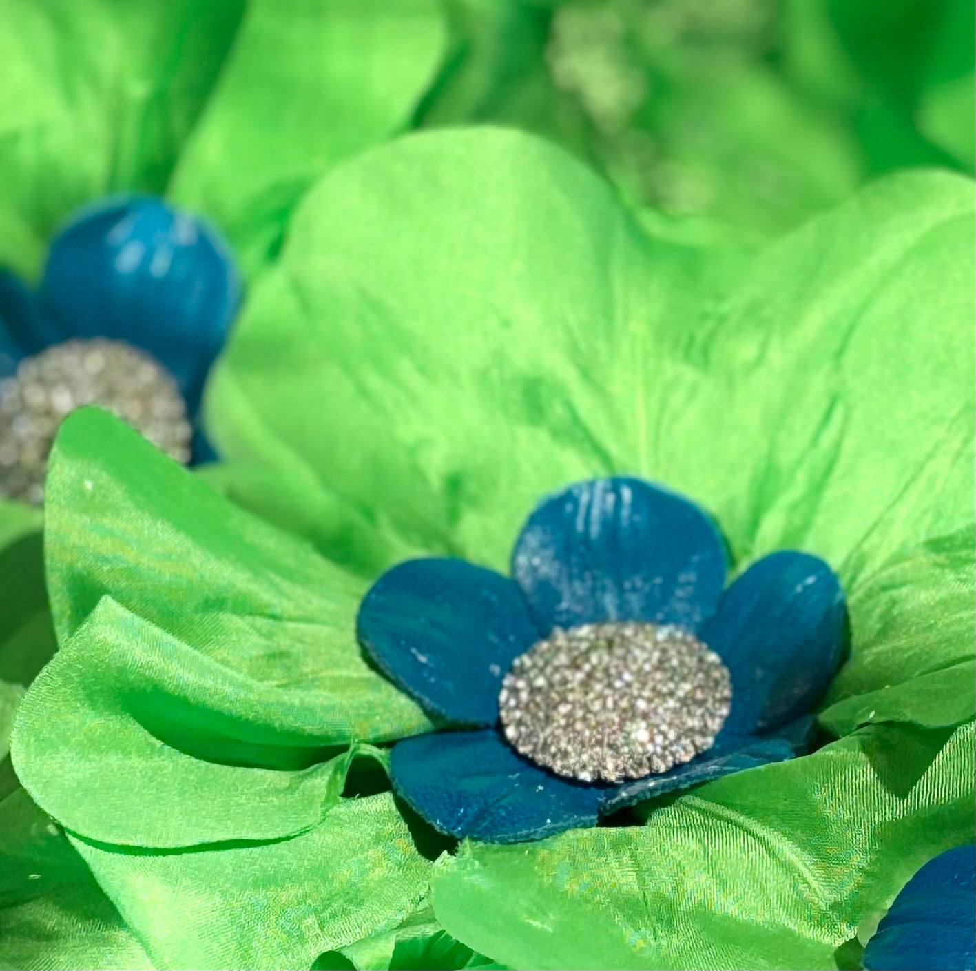 "Seattle SEAHAWKS" Lime and Blue Leather Silk Poppy Crystal Center Brooch and Clip: Bendable Petals.  Wear on jersey, in hair, on handbag and more
