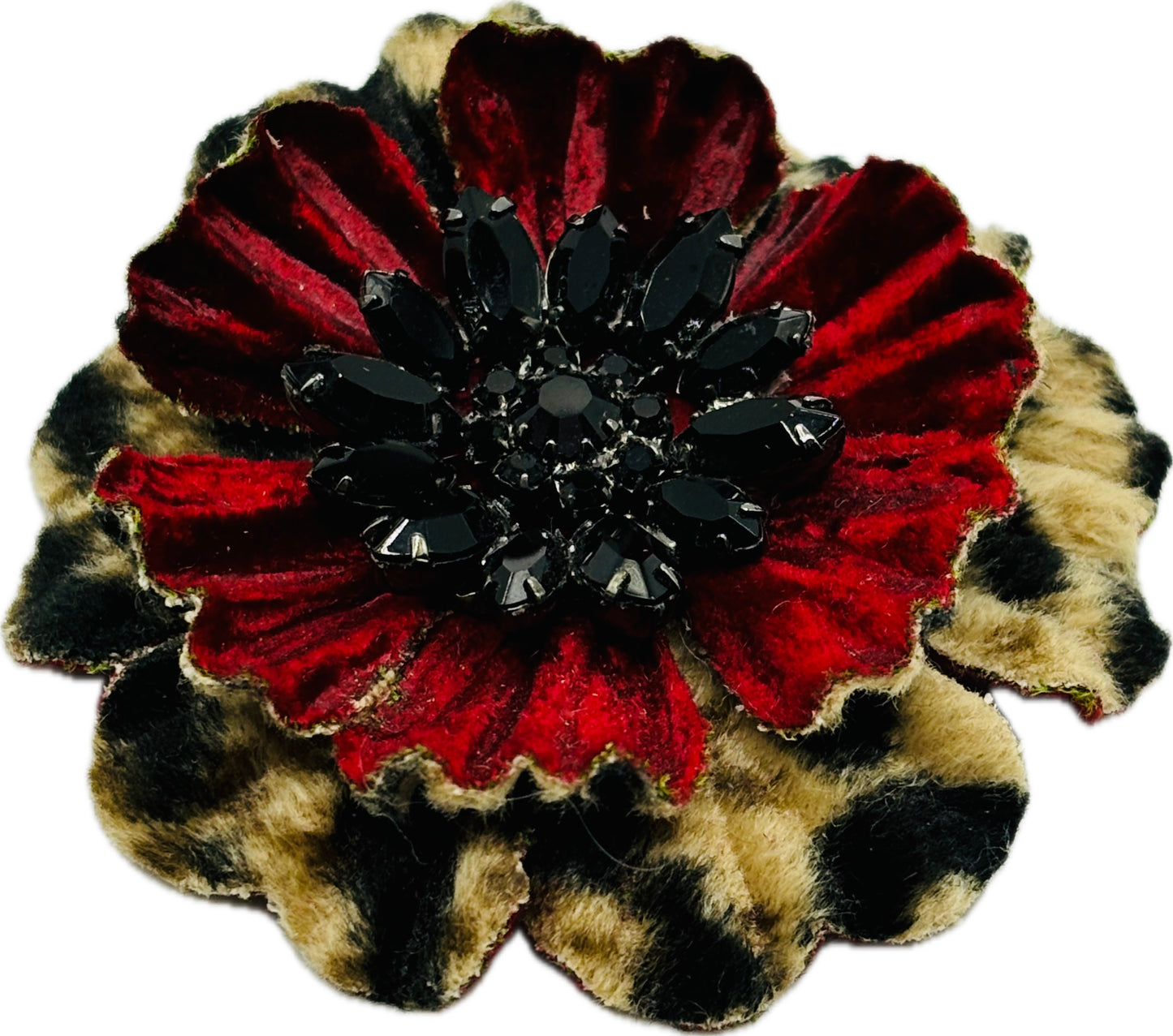 Karin’s Garden 2.5” Leopard & Red Velvet with black crystal jeweled center.  Pin or Clip into hair, lapel & more.