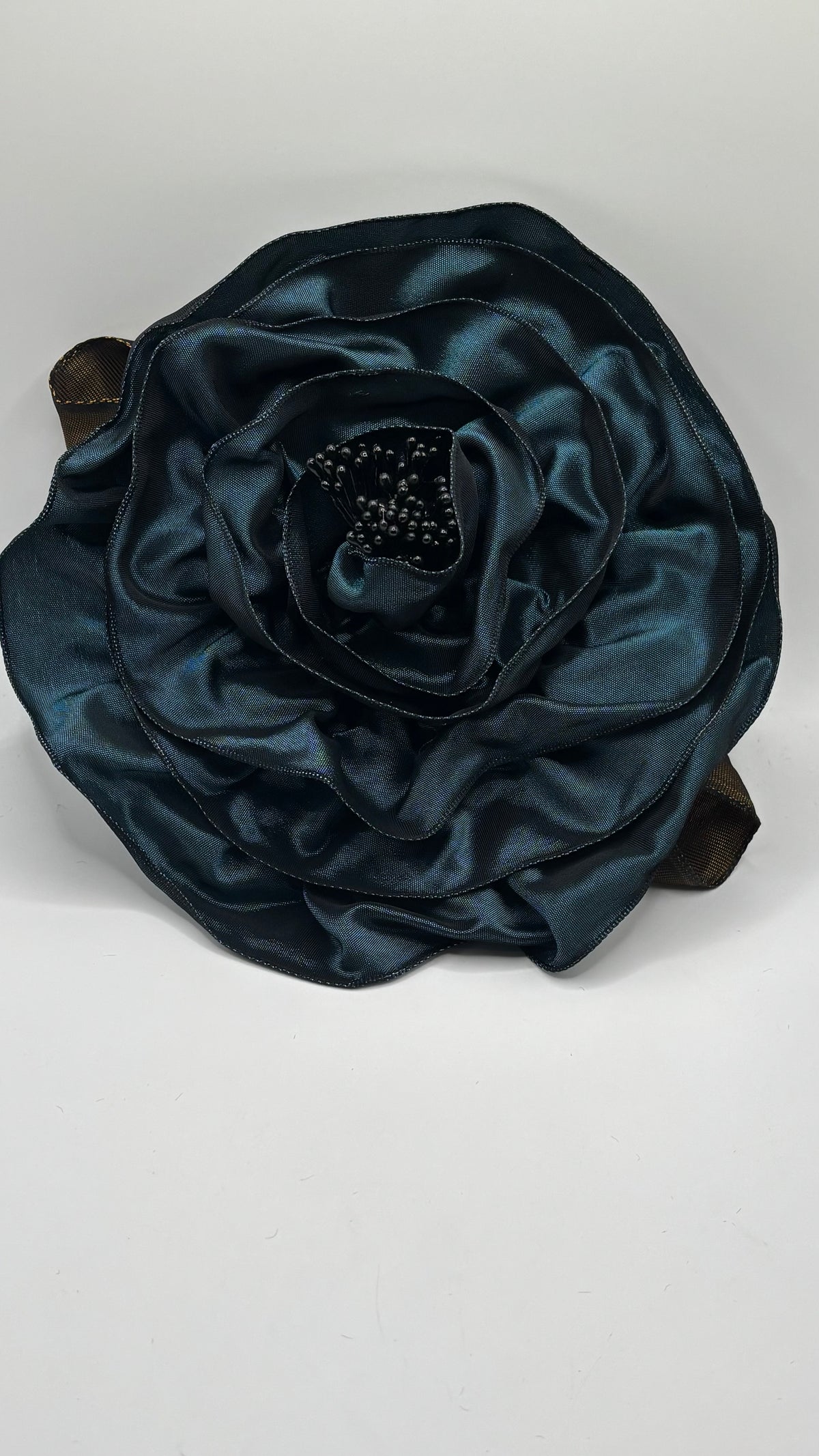 “Rosette” Brooch & Clip in Teal.  Pin or Clip to dresses, lapels, handbag or hat.  Made in the USA.  You can reshape the flower and leaves.