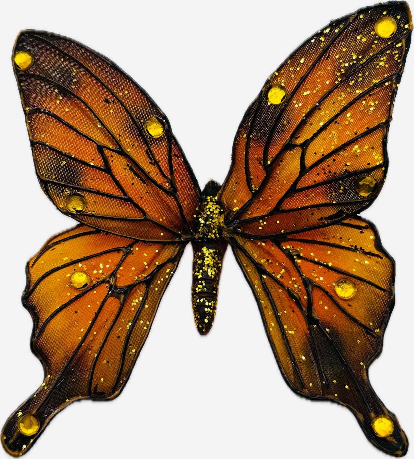 "Vanessa" Karin's Garden 3" Orange Black Butterfly clip. Bendable petals. Wear in your hair, clip to wristlet, clip on lapel, tank top or dress.  Clothing by detailsdancewear