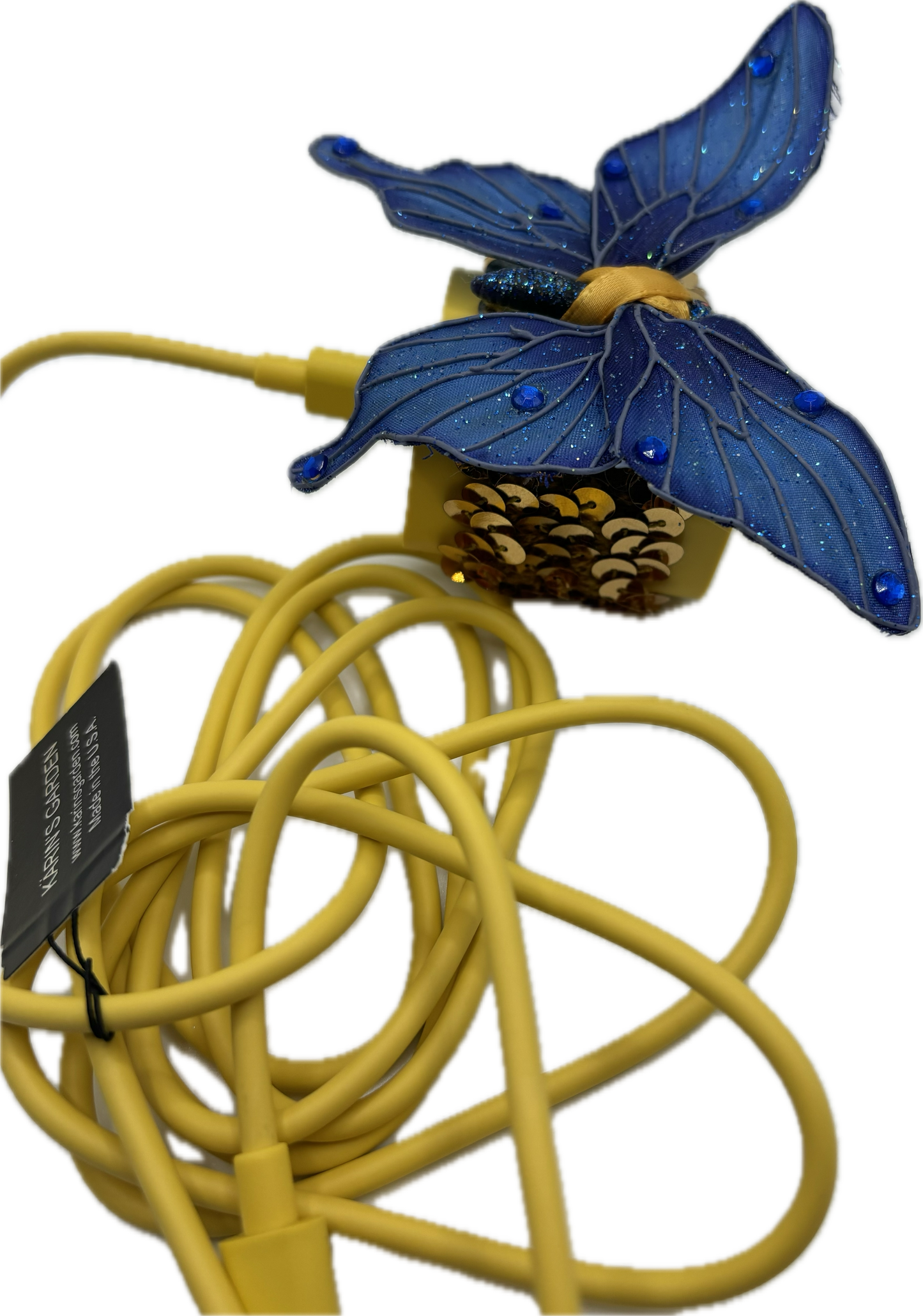 Karin's Garden Yellow Phone Charger Gold Sequin With Blue Butterfly