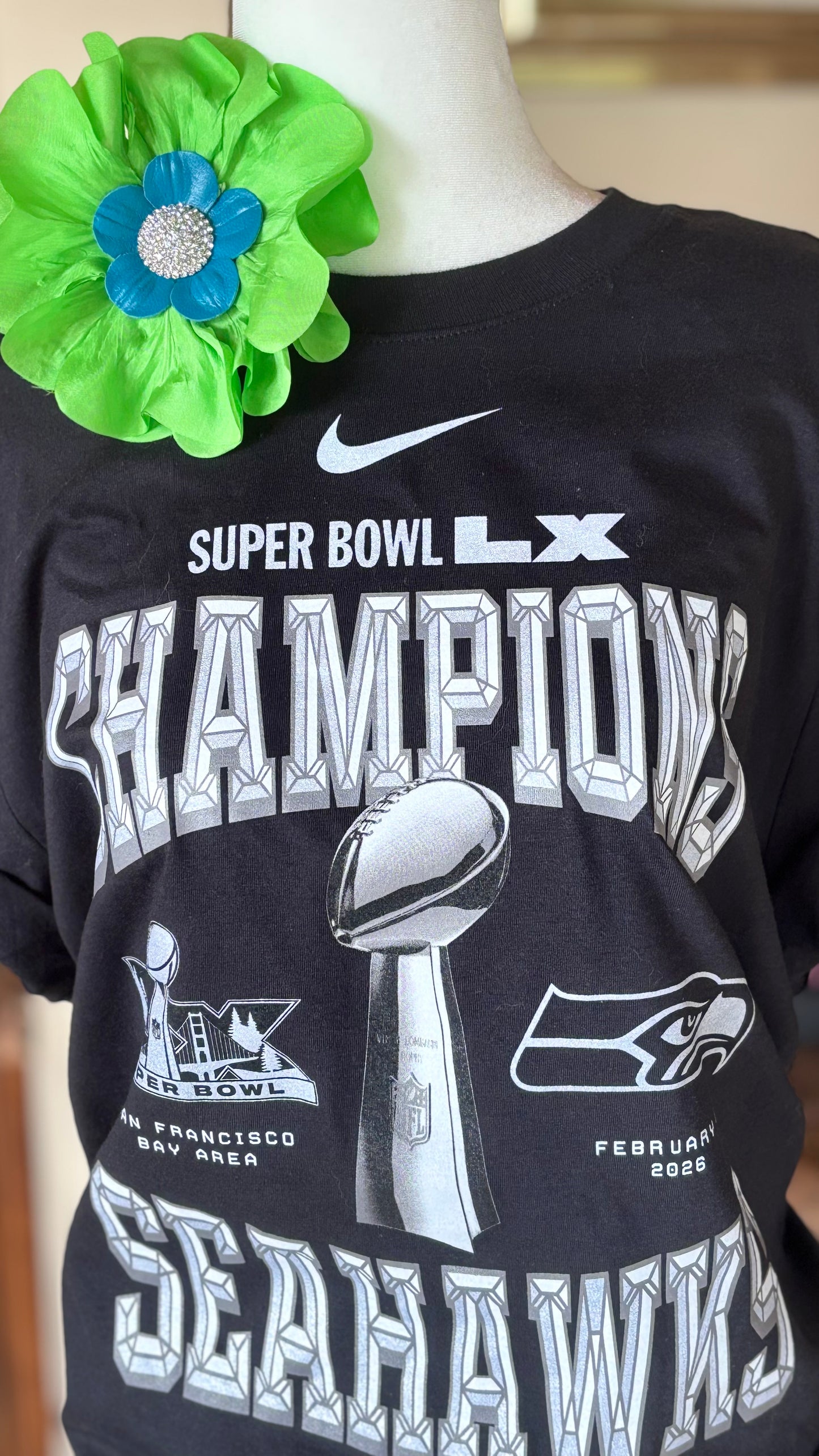 "Seattle SEAHAWKS" Lime and Blue Leather Silk Poppy Crystal Center Brooch and Clip: Bendable Petals.  Wear on jersey, in hair, on handbag and more