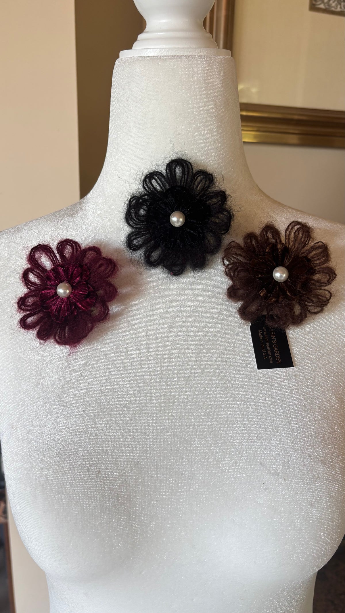 Mohair Velvet Pearl Brooch and Clip in Mocha.  Handmade in the USA