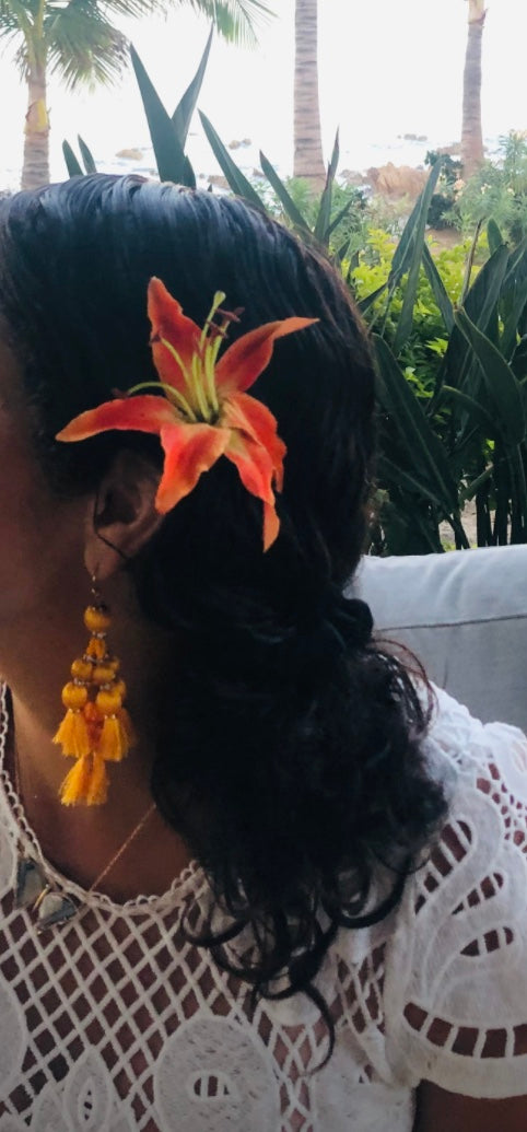 tiger lily hair Karin's Garden Martha 3" Life like Tiger Lily pinch clip. Wear in your Hair on your tropical vacation. Clip to your sundress, wristlet, handbag or hat