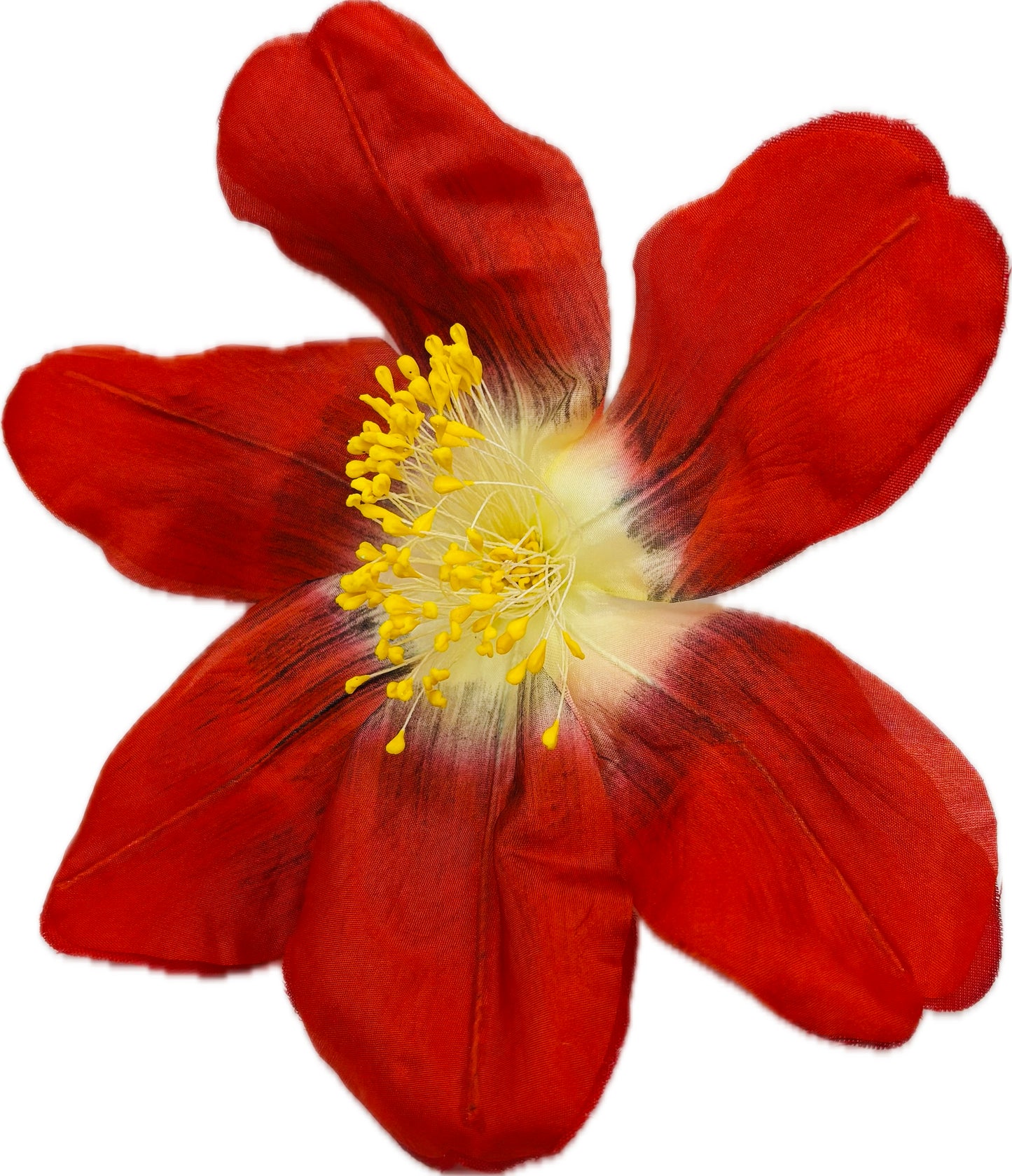 "Clementine" 4" Silk Clematis Red Brooch and Clip. Karin's Garden. Bendable Petals. Pin or Clip into hair, onto dress, lapel, handbag and more.