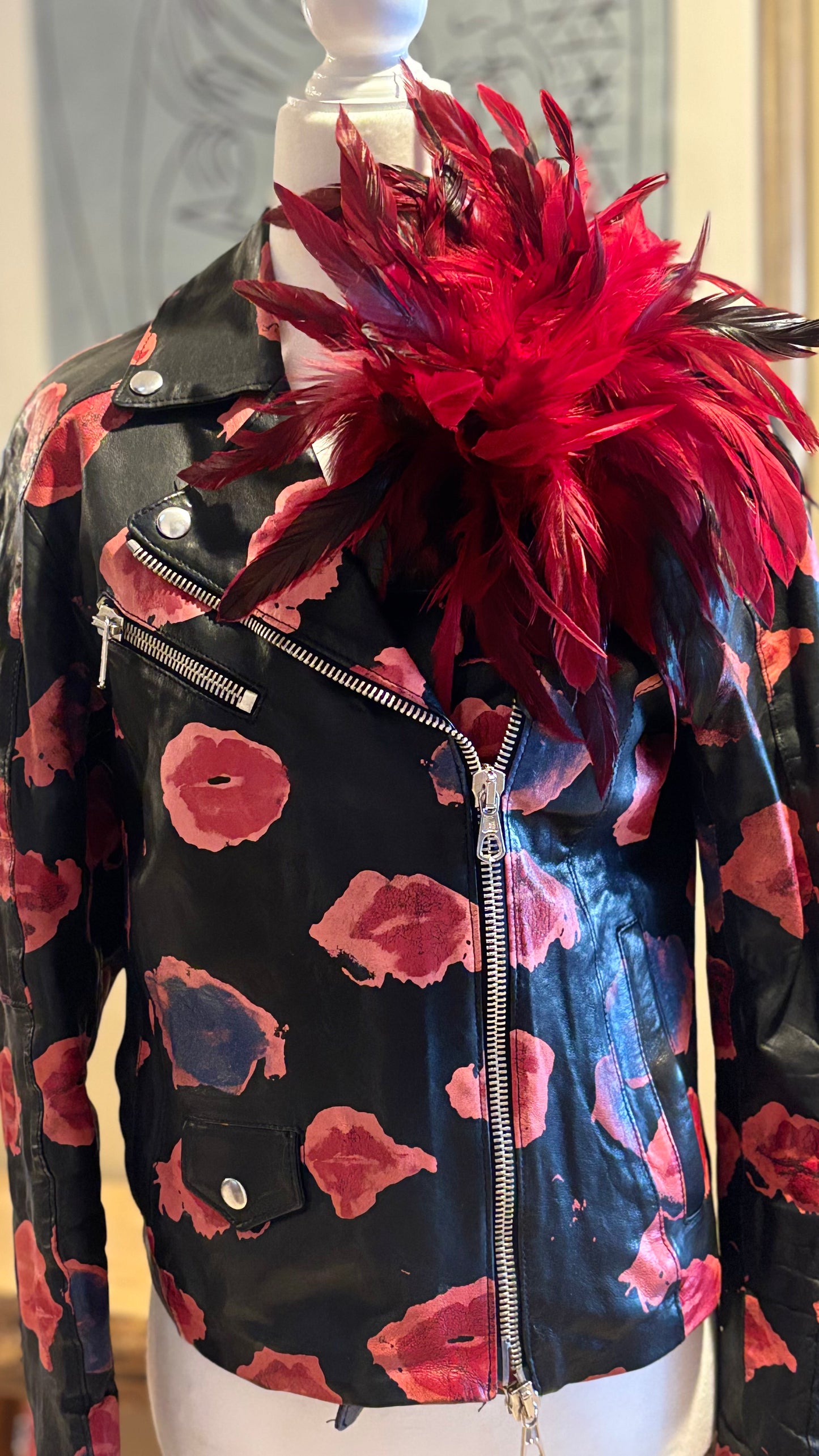 “Abracadabra” Red & Black Feather Brooch & Clip.  12" Pin or Clip to lapel, dress, blazer, clip onto wrist elastic, jacket, handbag, hair, hat and more.