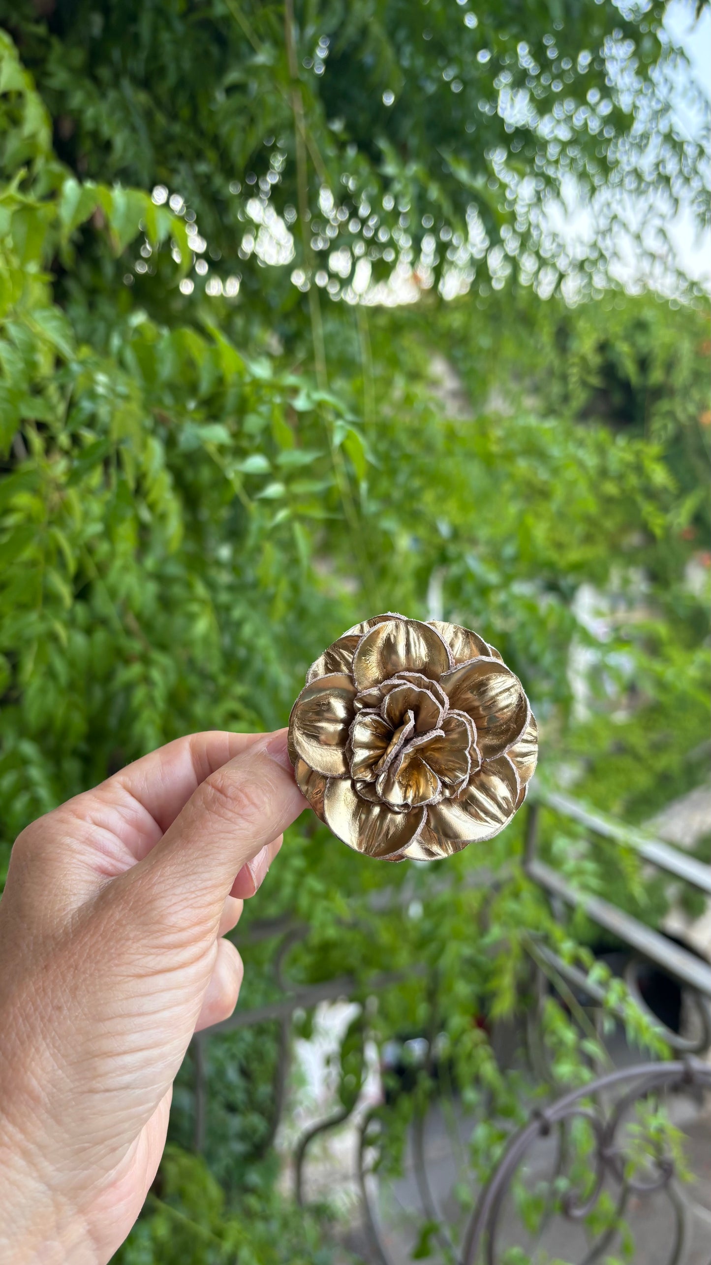 "Roxi" Patent Leather Gold Flower Brooch & Clip. 2.25" Clip into hair, onto lapel, necklace, purse, hat & more.  Made in the USA with Love.