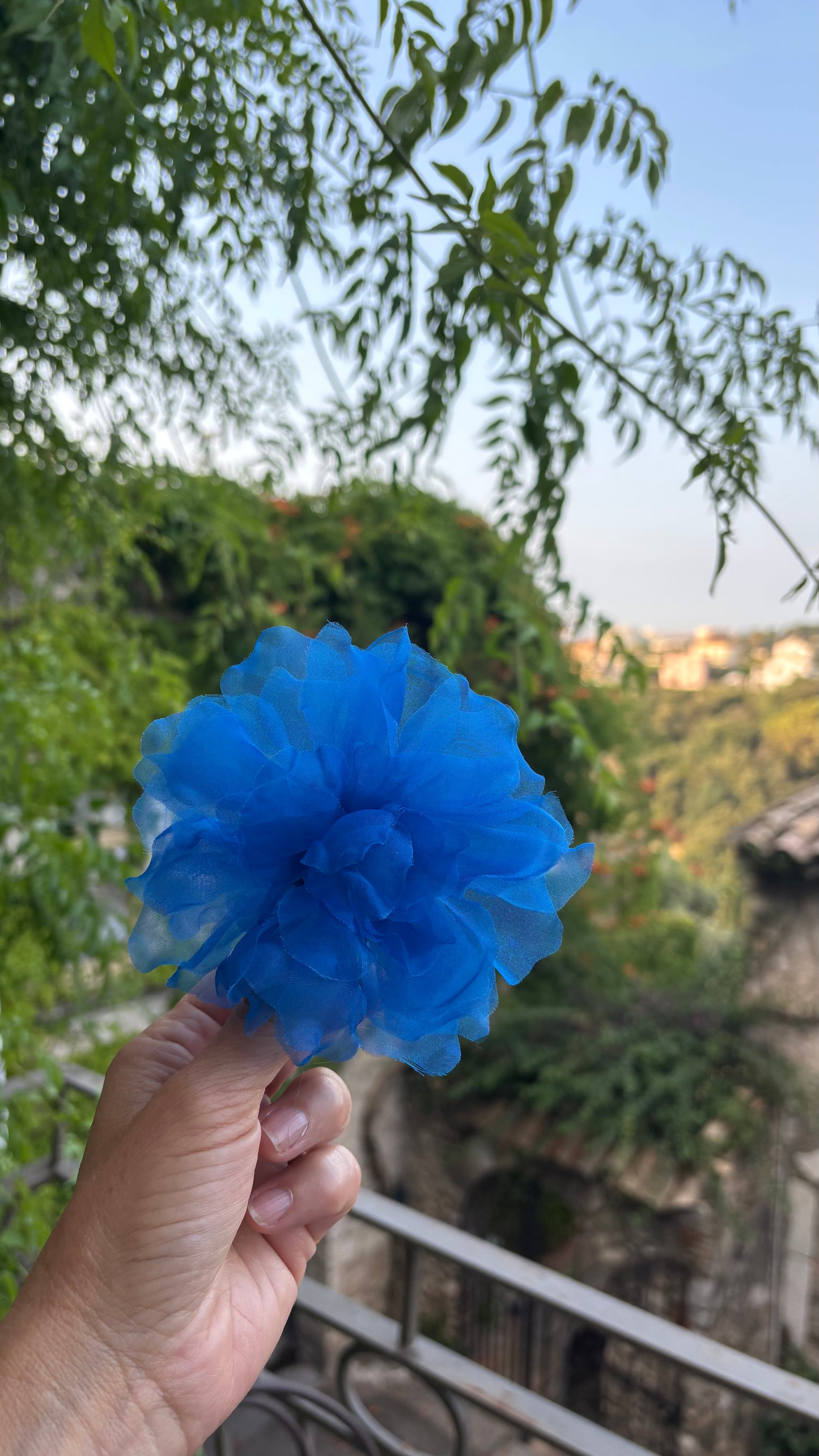 Karin's Garden "Harper" 4" Silk Royal Blue Organza Gardenia Pin Brooch & Clip. Handmade in the USA.  Pin or Clip into hair, onto dress, lapel, handbag and more.