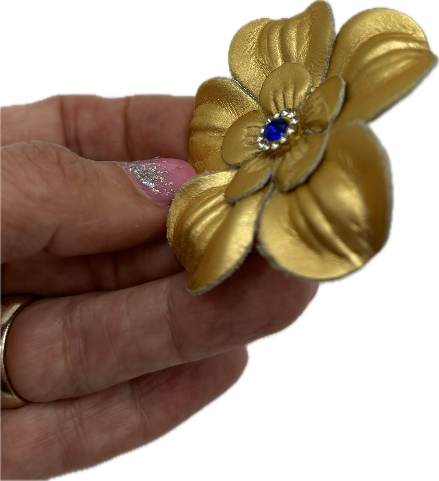 Karin's Garden 2.5" Gold Leather Flower Clip with Blue crystal center