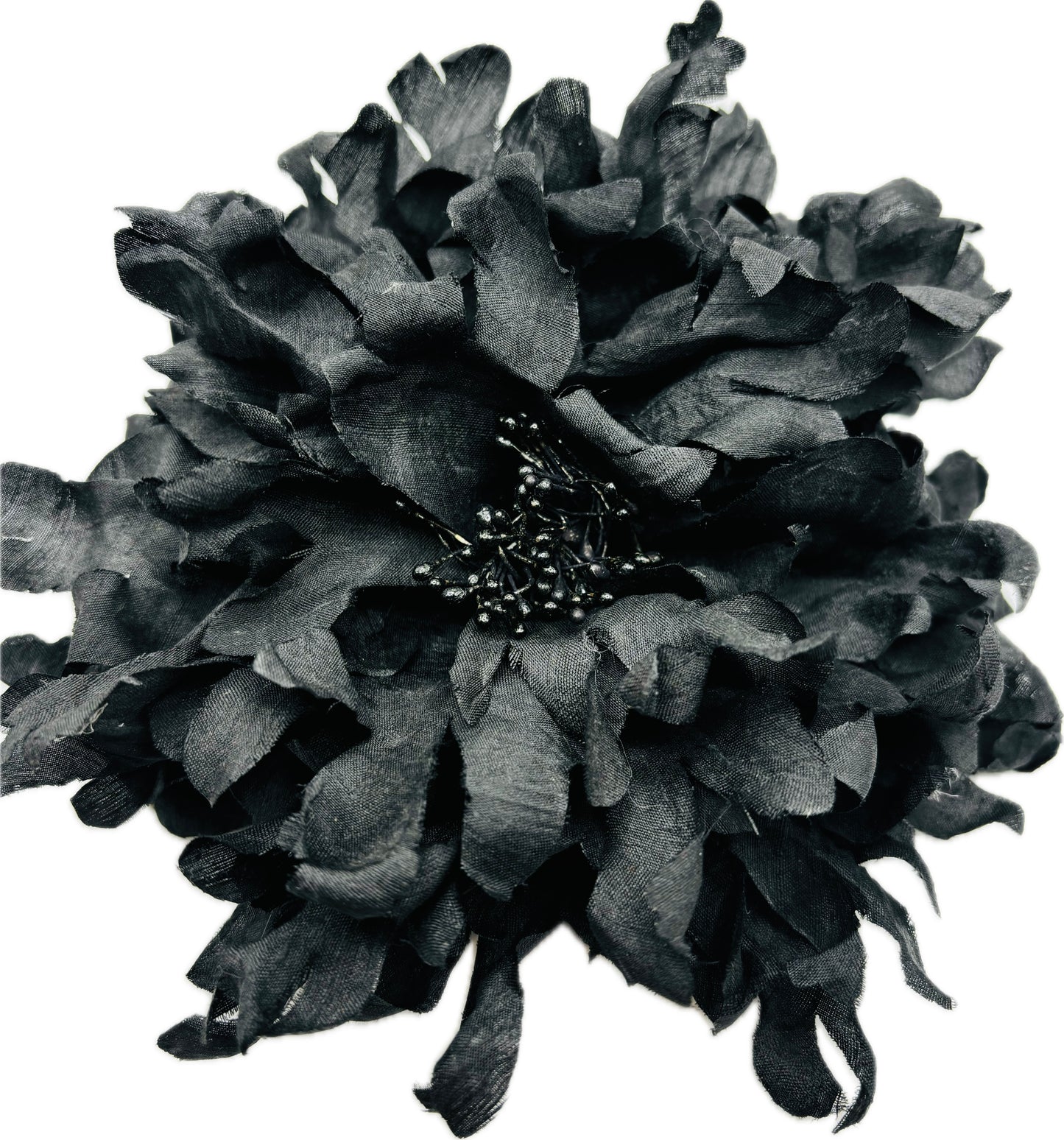 Karin’s Garden 8” Black Empress Flower Pin and Clip.  Silk Dupioni, made in the USA.  A special stunner statement accessory!