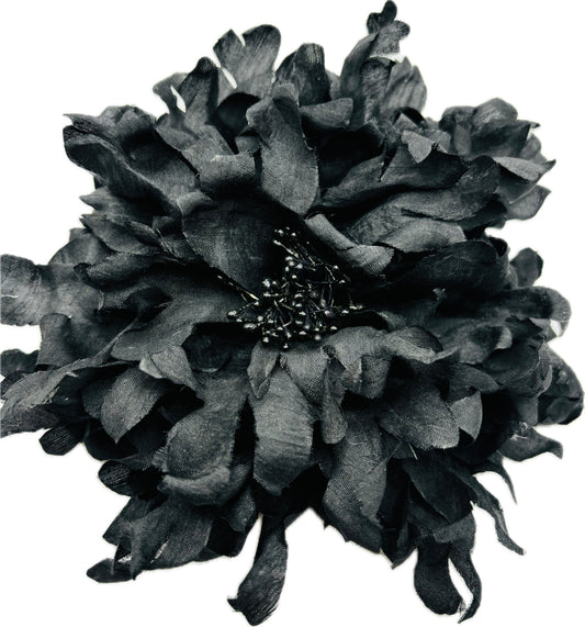 Karin’s Garden 8” Black Empress Flower Pin and Clip.  Silk Dupioni, made in the USA.  A special stunner statement accessory!