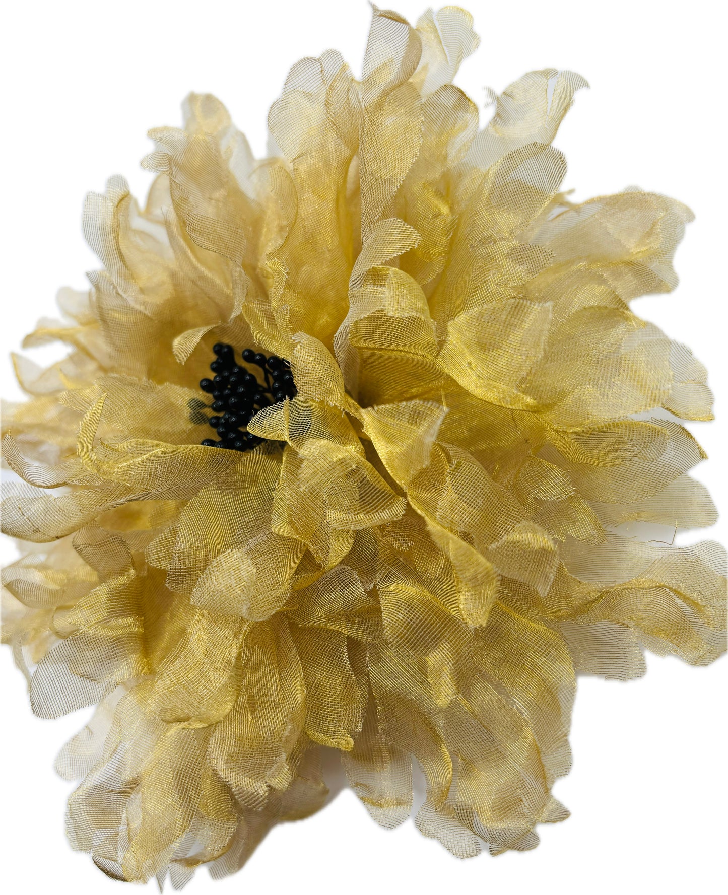 Karin’s Garden Empress 8" Gold Silk Organza Flower Pin and Clip with Black Seeds.  Made in the USA with Love