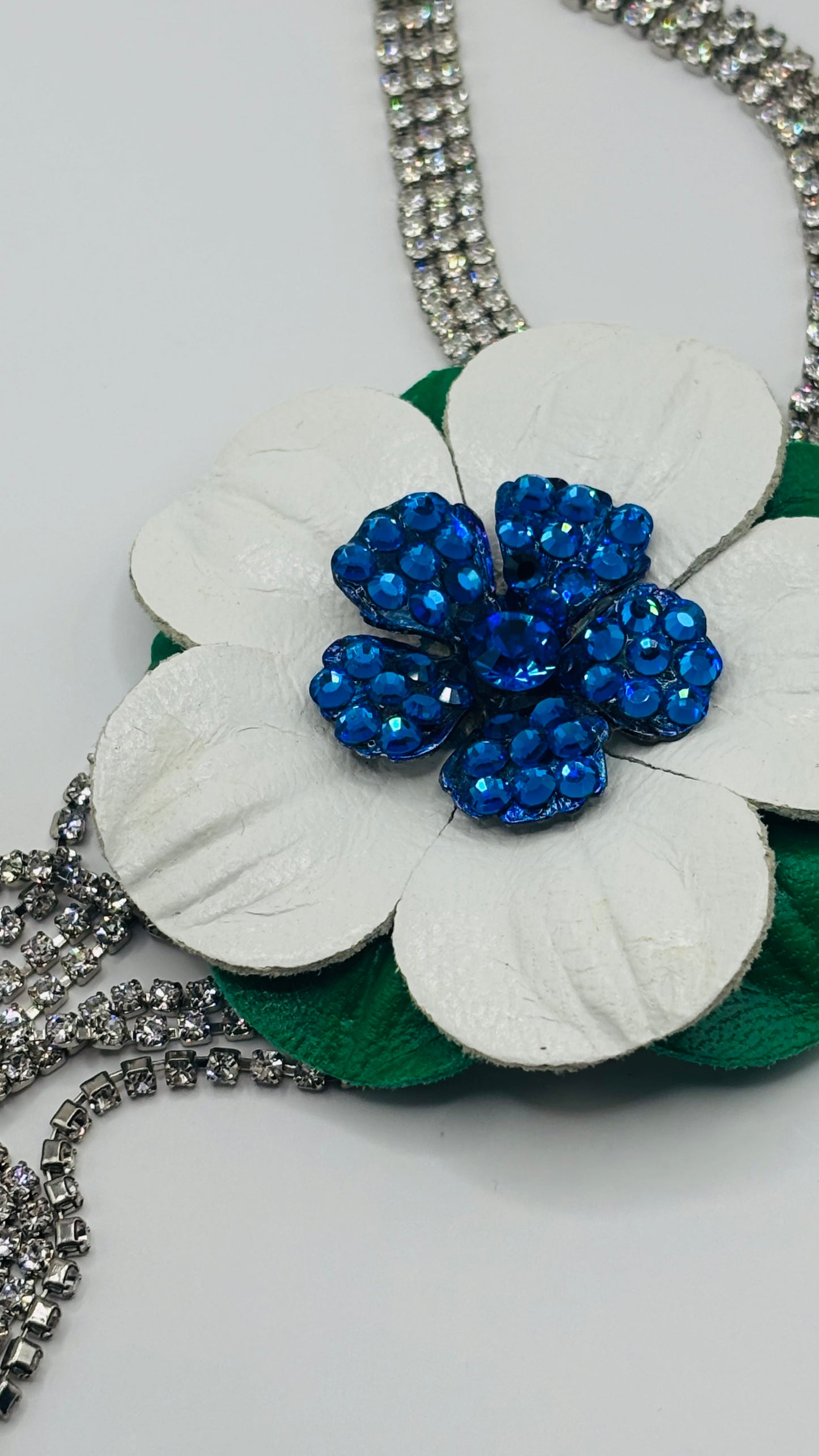 “Seahawks" 2.25 Petite Leather & Crystal Flower Pin & Clip. White with Blue Center. Made in Seattle, WA