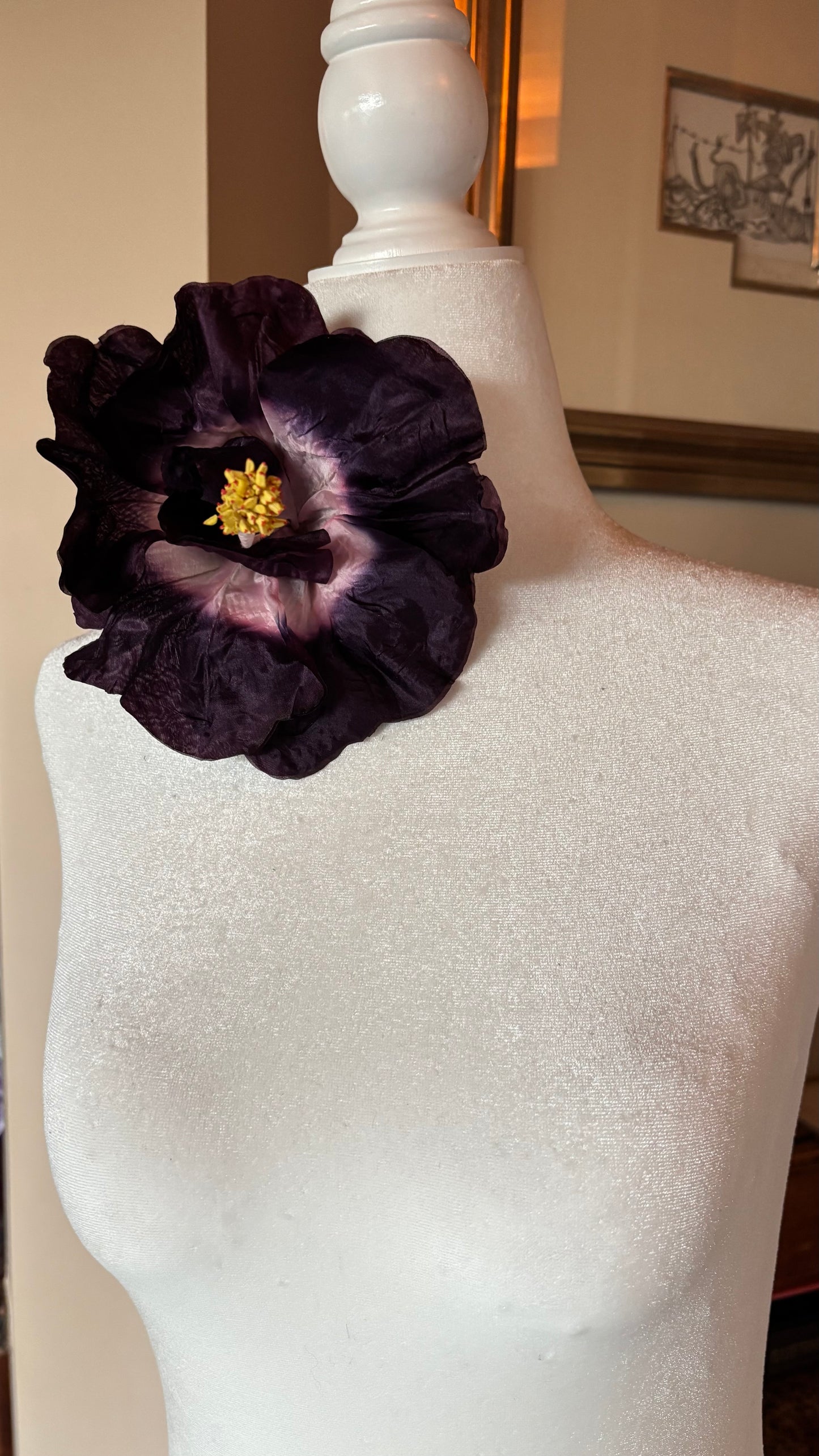 "Caterina" Vintage German Purple GDR Hibiscus 6" Reimagined Mid-Century Brooch & Clip Duo.  For your sundress, handbag, hat & lapel.