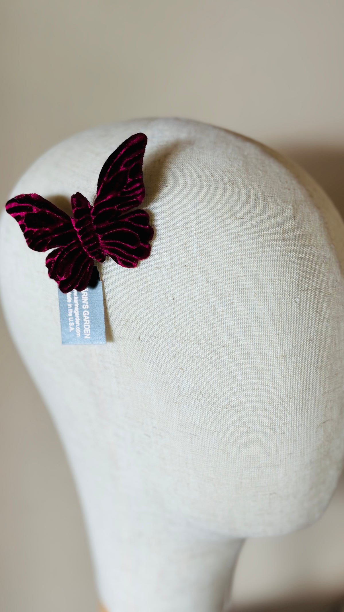 Mariposa Wine Velvet Butterfly Clip Handmade in the USA.  Clip into hair, onto lapel, dress, handbag and more.
