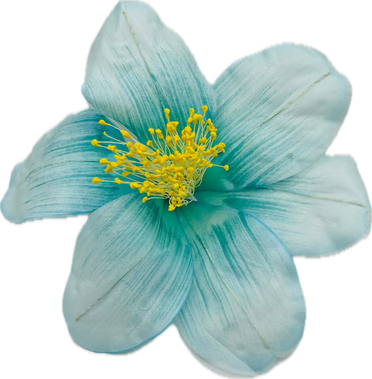 "Clementine" 4" Silk Clematis Sky Blue Brooch and Clip. Karin's Garden. Bendable Petals. Pin or Clip into hair, onto dress, lapel, handbag and more.