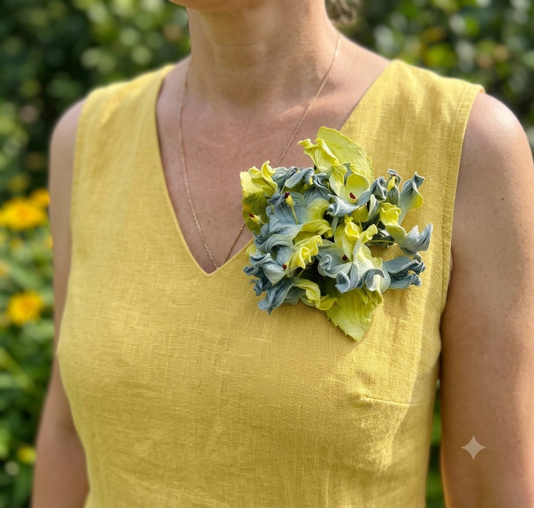 Ivy Hydrangea Flower Pin Brooch in Turquoise Yellow