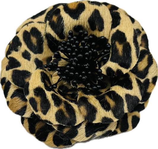“Samantha” Real Leather Faux Leopard Print Rose Brooch & Clip.  Made in the USA with Love