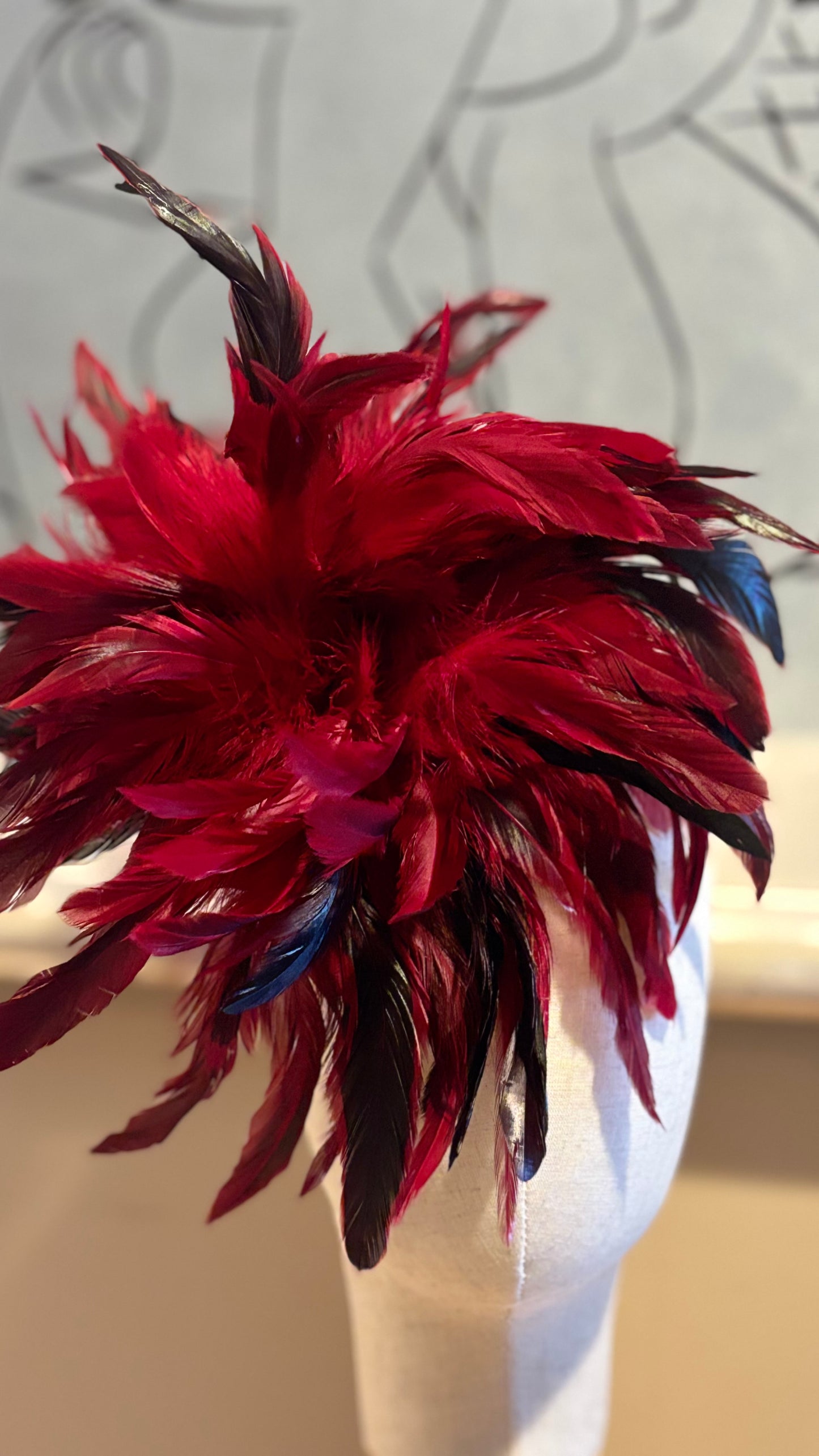 “Abracadabra” Red & Black Feather Brooch & Clip.  12" Pin or Clip to lapel, dress, blazer, clip onto wrist elastic, jacket, handbag, hair, hat and more.