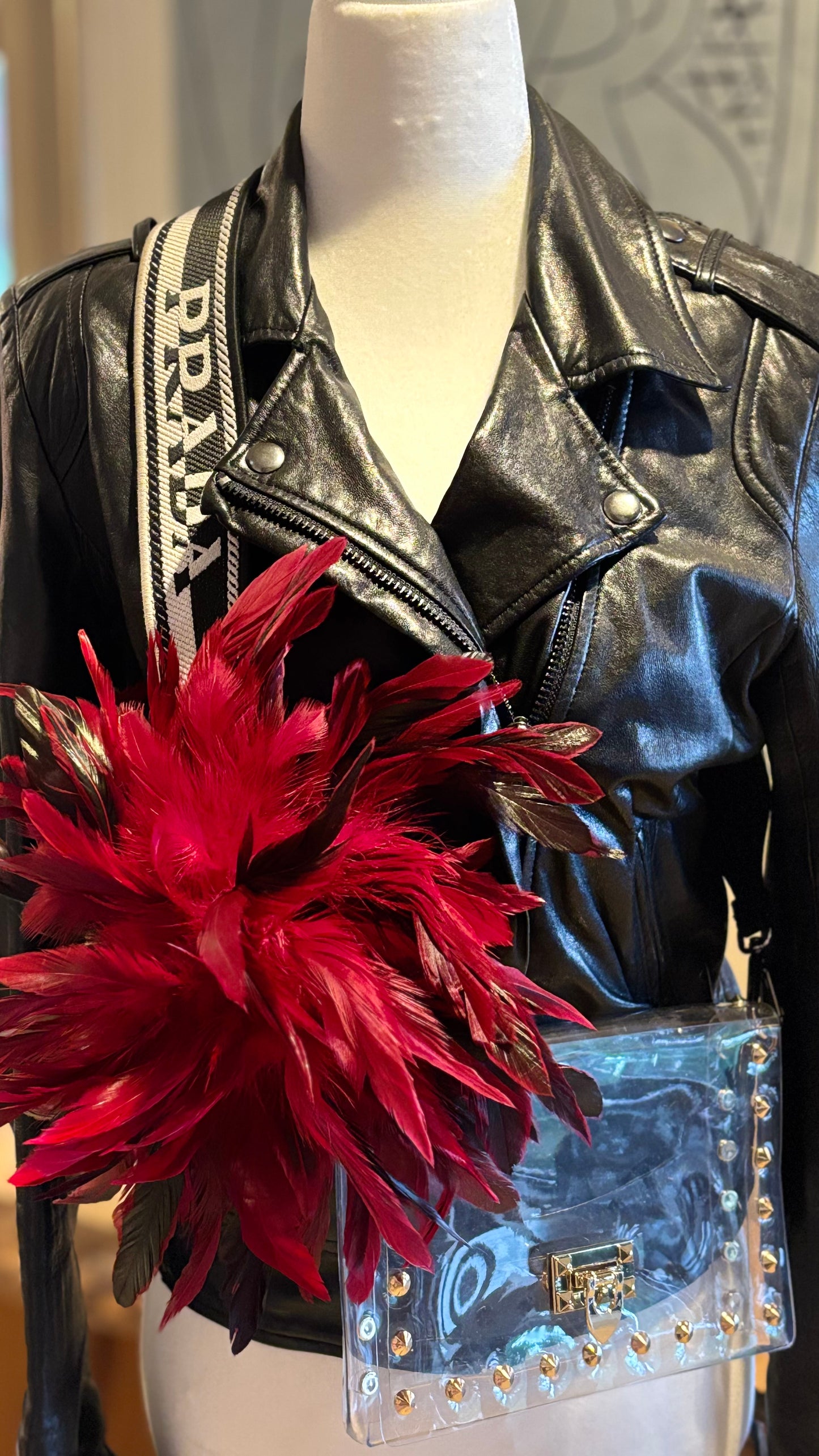 “Abracadabra” Red & Black Feather Brooch & Clip.  12" Pin or Clip to lapel, dress, blazer, clip onto wrist elastic, jacket, handbag, hair, hat and more.