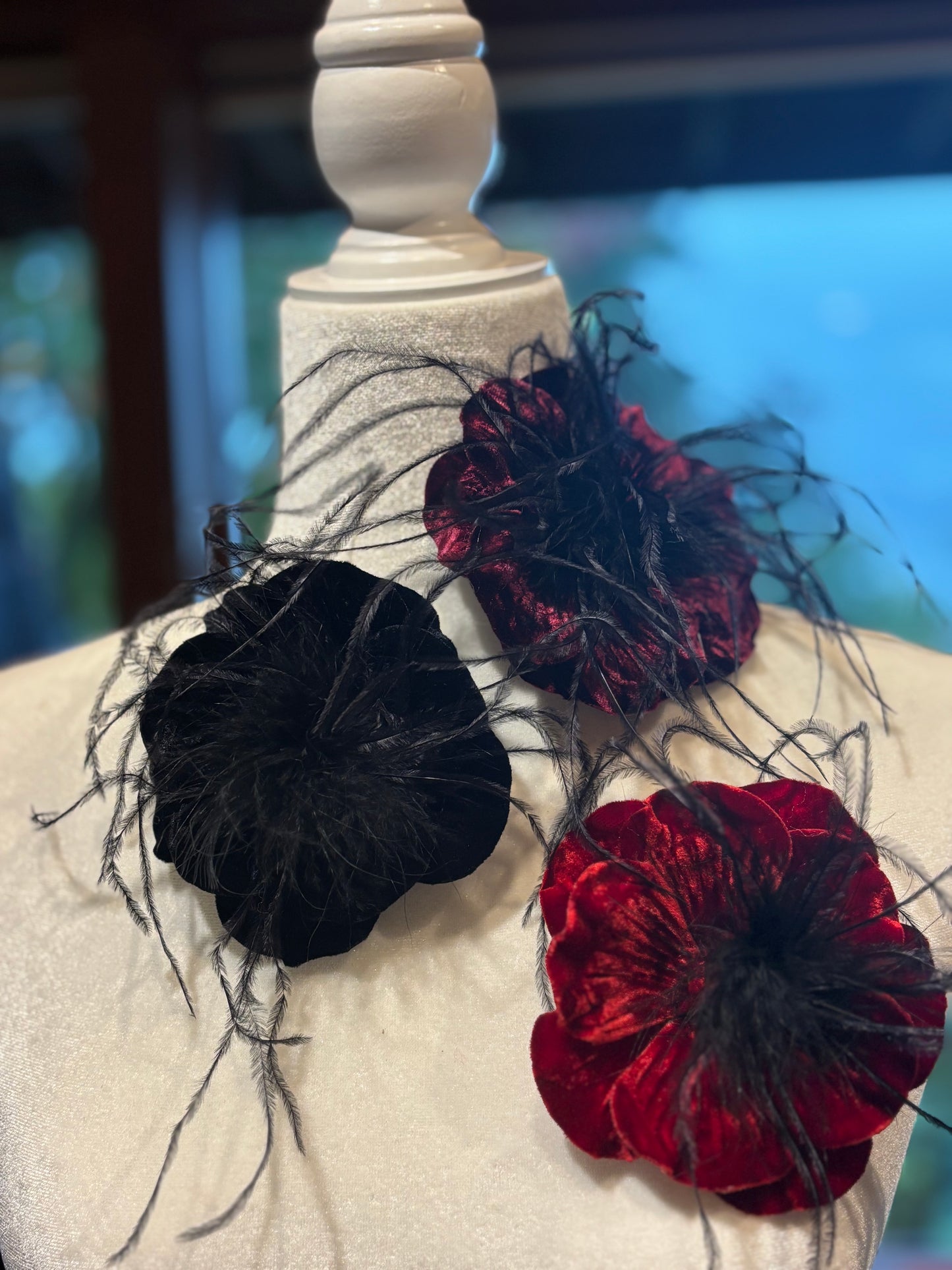 “Kitty" Red Velvet Ostrich Flower Pin and Clip. Clip into hair, onto purse, dress, hat, wrist and more. A versatile accessory.