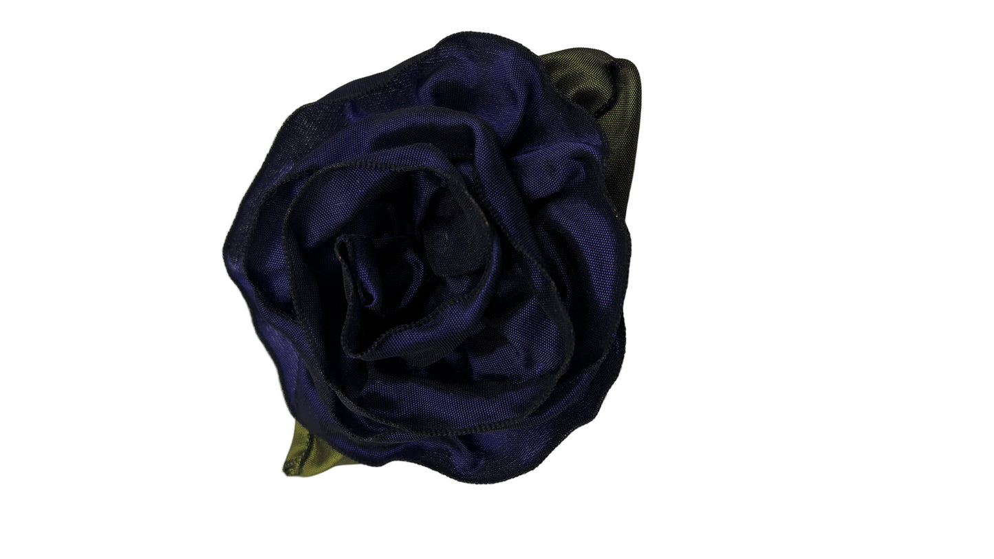 “Rosette” Purple Brooch & Clip.  Pin or Clip to dresses, lapels, purse, hat or wear as a boutonniere. Made in the USA.  You can reshape the flower and leaves to make it larger or smaller.