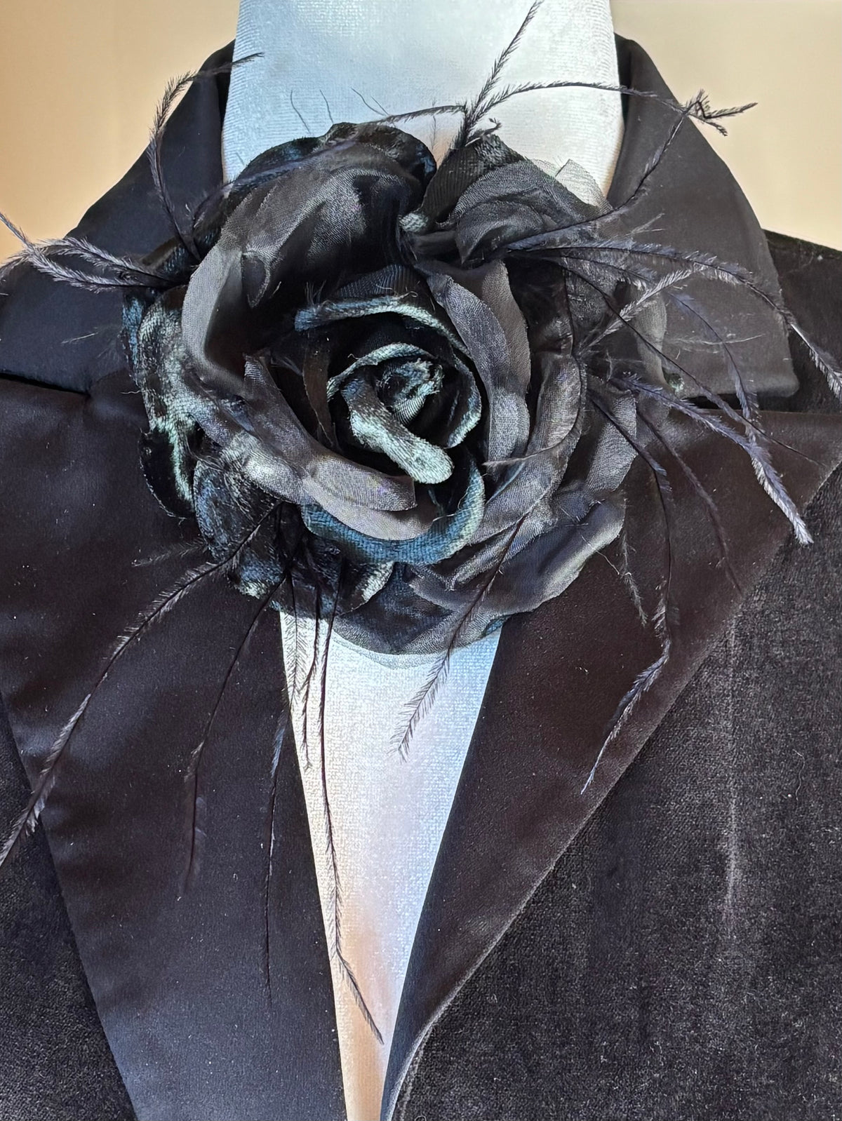 St John II - Black Silk Organza and Silk Velvet Rose Pin Clip with Ostrich.  Clip or Pin into your hair, wear on your lapel, dress, handbag, necklace or hat.