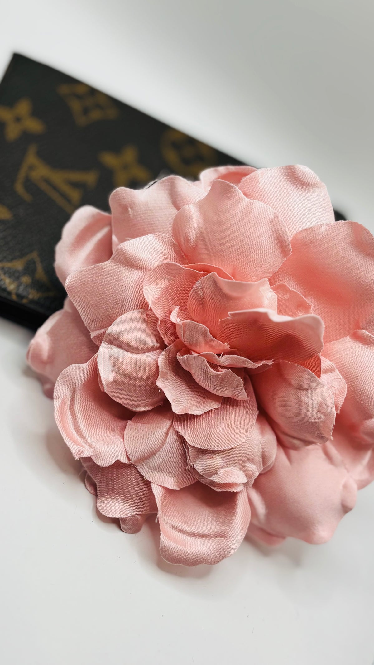 Karin's Garden "Harper" 4" Silk Pink Satin Gardenia Pin Brooch and Clip. Handmade in the USA.  Pin or Clip into hair, onto dress, lapel, handbag and more.