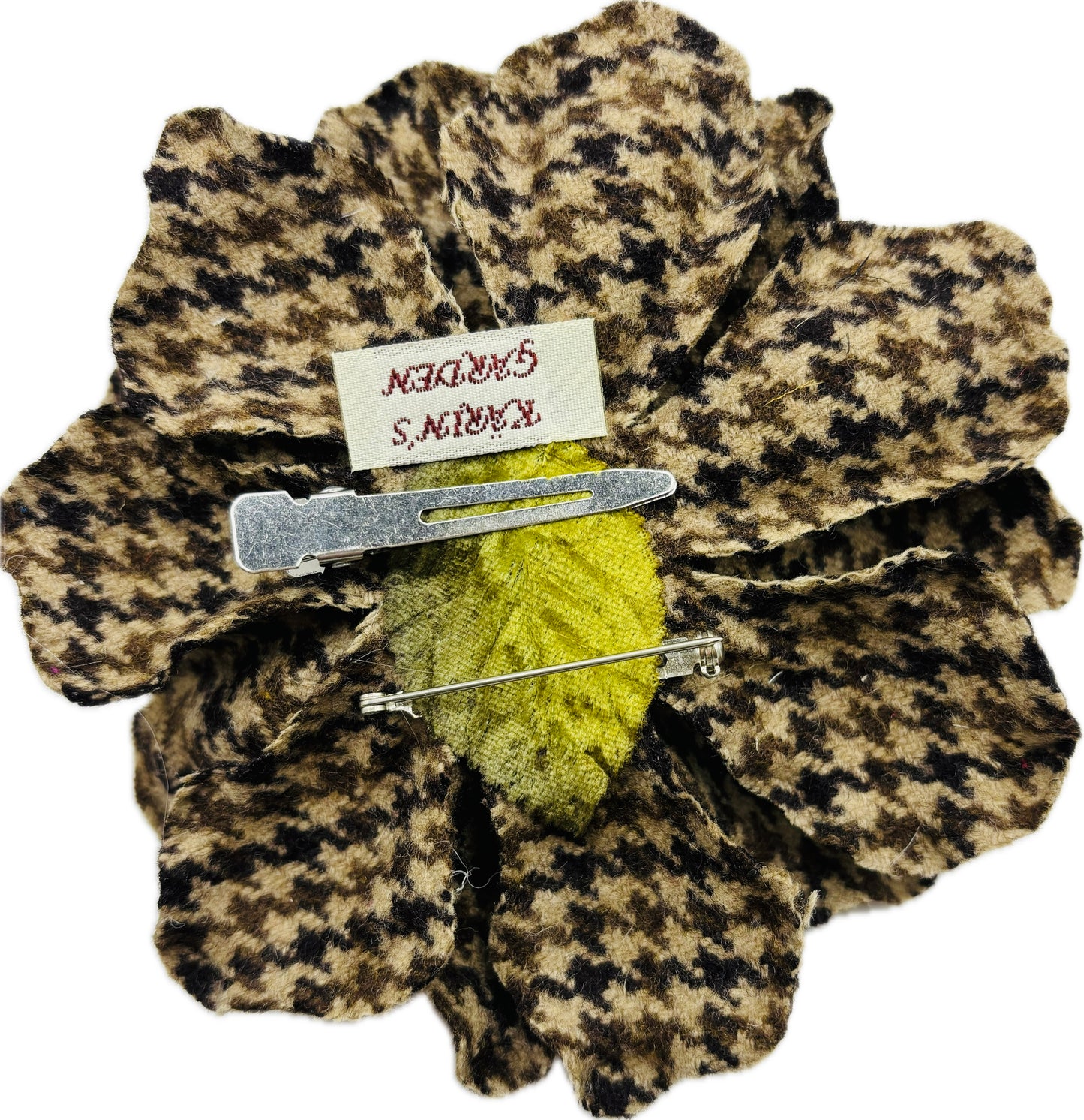 "Elspeth" Shades of Brown 4" Wool Plaid Classic Gardenia Brooch & Clip Duo.  100% Wool.  Made with Love in the USA.