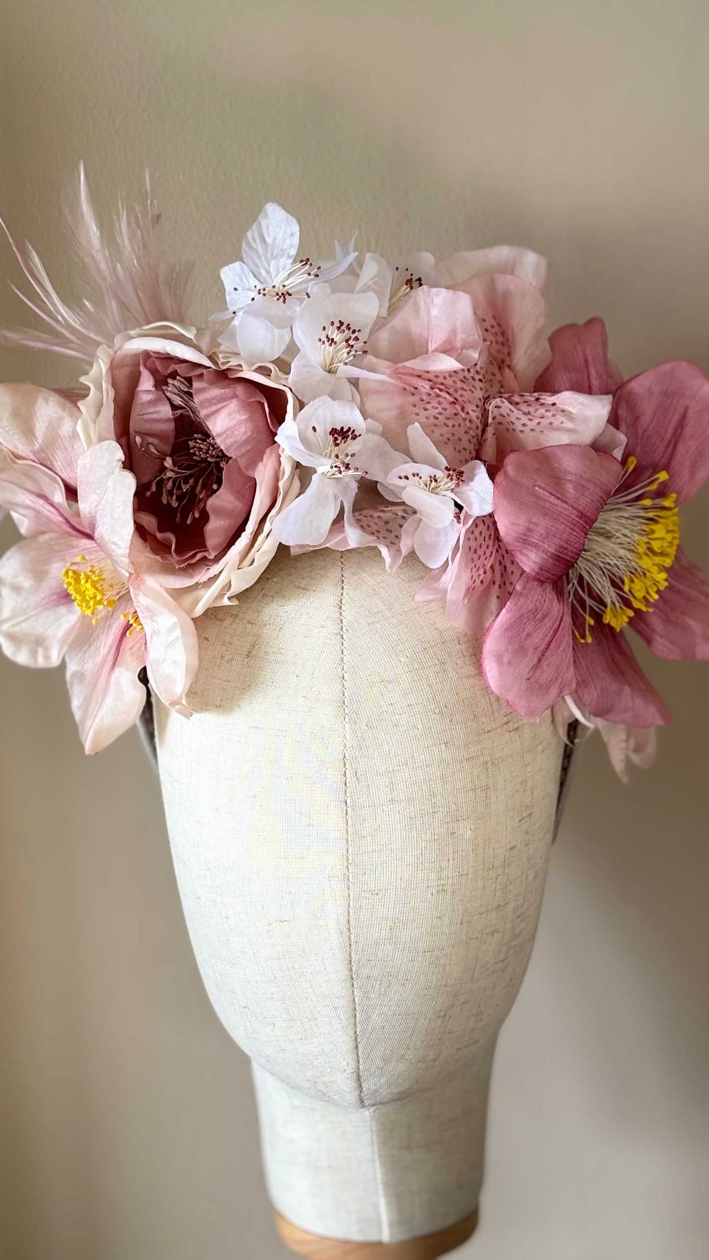 "The Versailles Garden Crown" A one-of-a-kind composition of rare vintage European florals and modern elements, arranged entirely by hand.