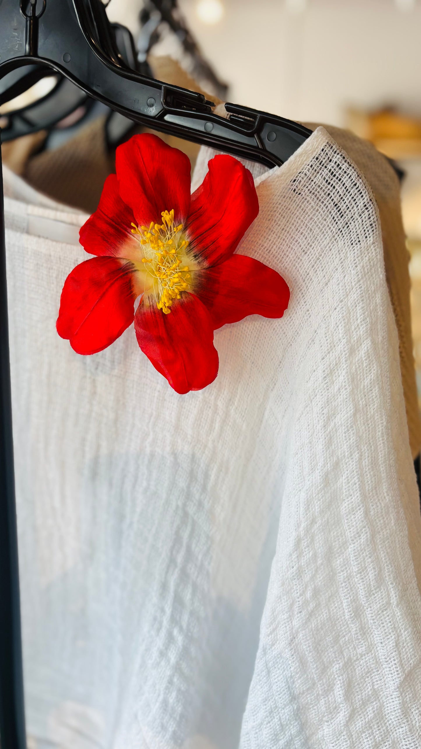 "Clementine" 4" Silk Clematis Red Brooch and Clip. Karin's Garden. Bendable Petals. Pin or Clip into hair, onto dress, lapel, handbag and more.