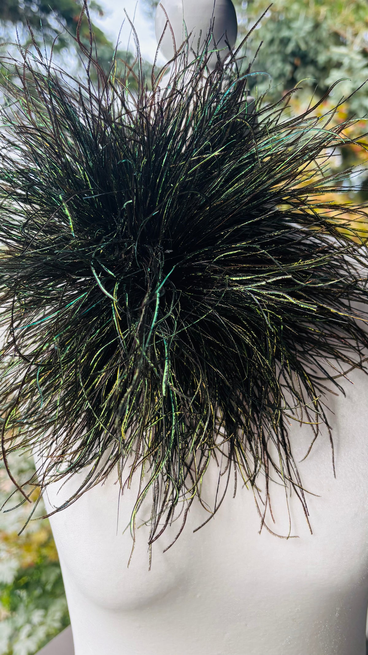 La Contessa Peacock Feather Fringe Brooch Clip.  Made in the USA.  A versatile statement Accessory