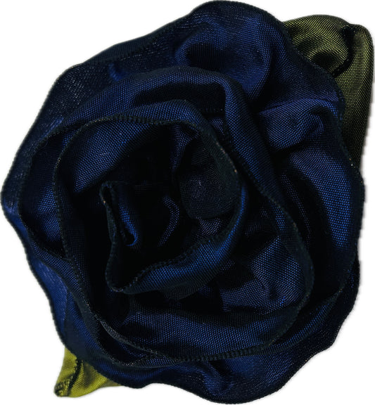 “Rosette” Navy Blue Brooch & Clip.  Pin or Clip to dresses, lapels, purse, hat or wear as a boutonniere. Made in the USA.  You can reshape the flower and leaves to make it larger or smaller.
