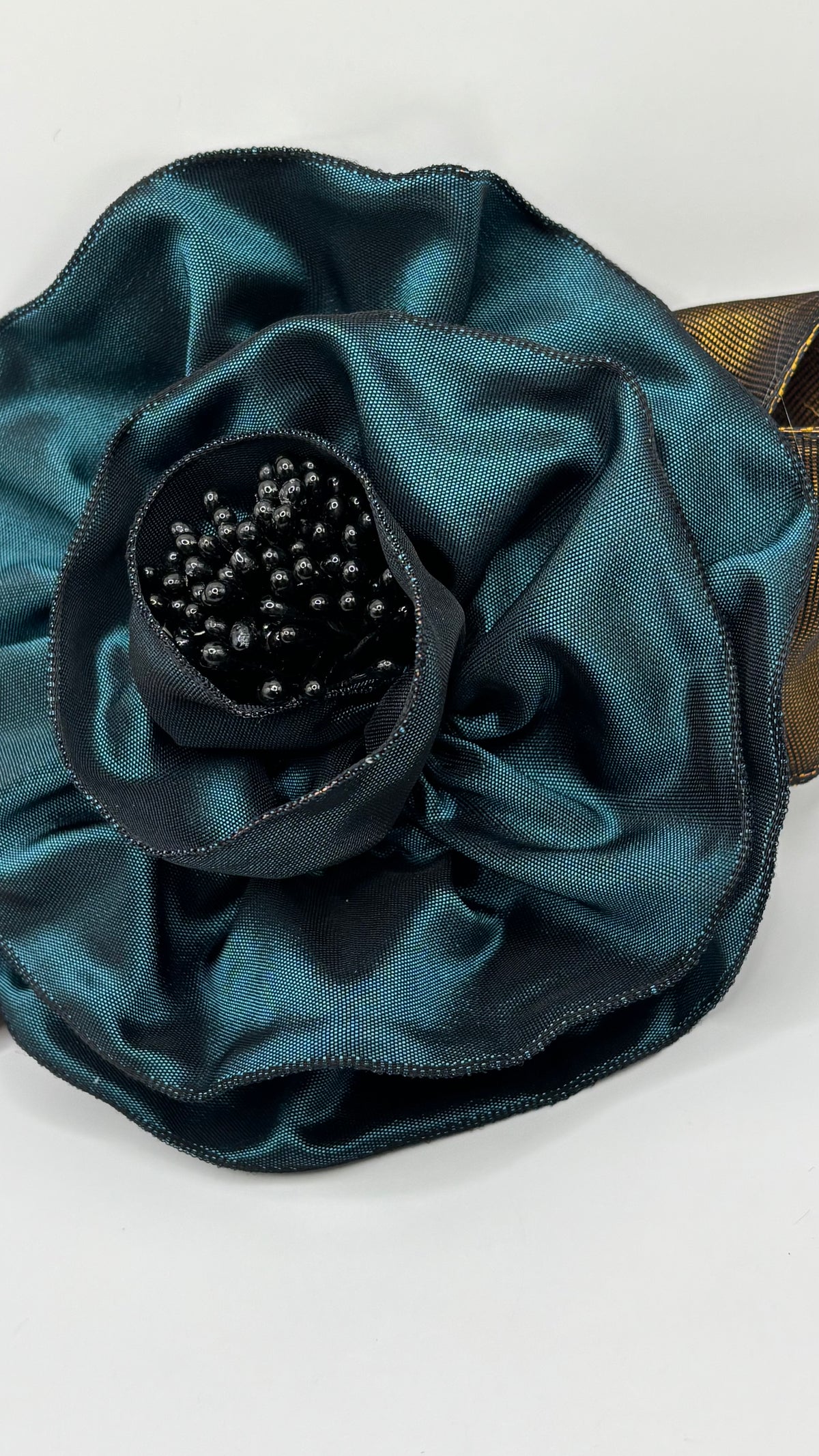 Francesca Petite Brooch & Clip in Teal.  Pin or Clip to dresses, lapels, handbag or hat.  Made in the USA.  You can reshape the flower and leaves.  Taffeta from France.