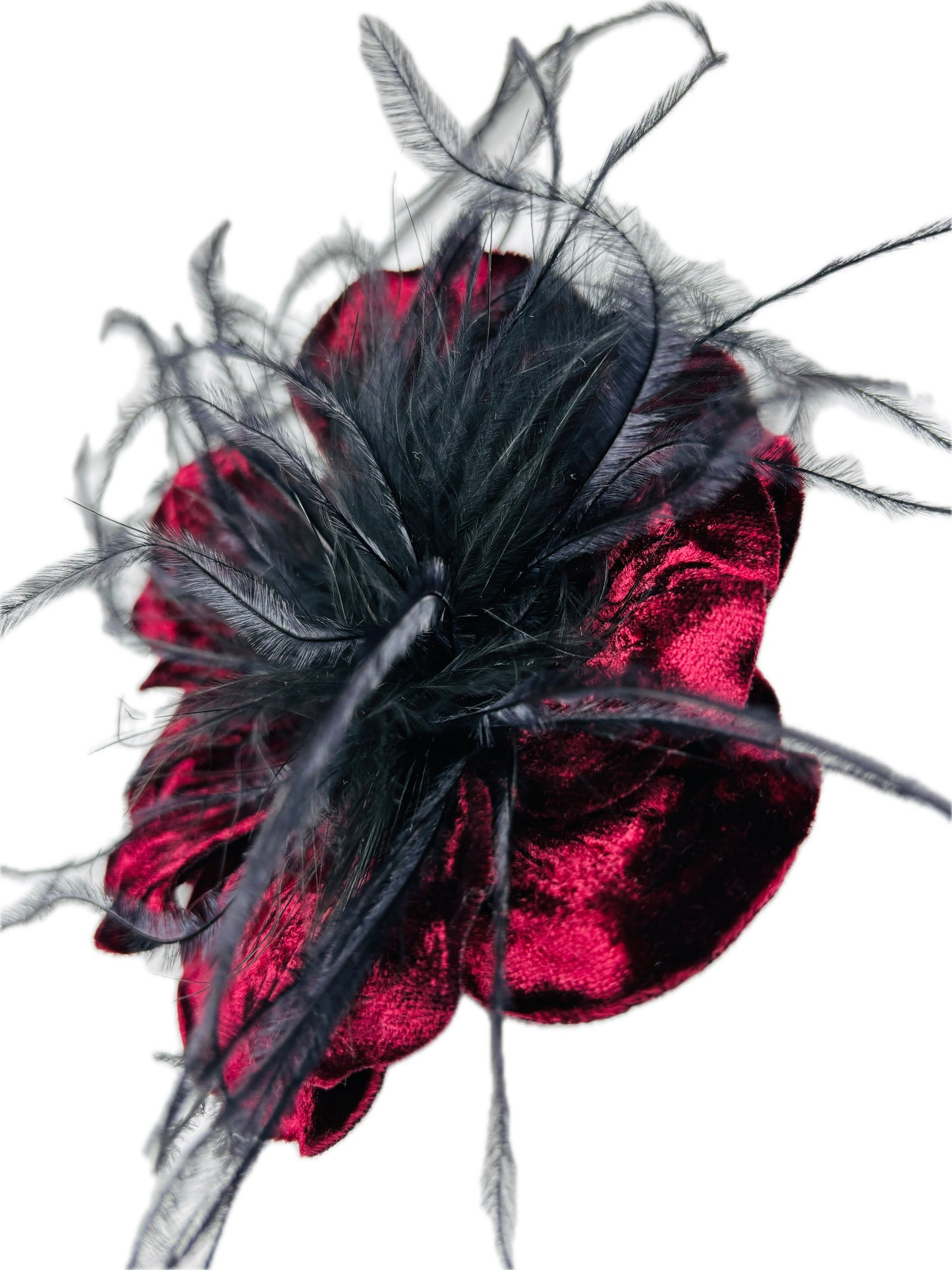 “Kitty" Red Velvet Ostrich Flower Pin and Clip. Clip into hair, onto purse, dress, hat, wrist and more. A versatile accessory.