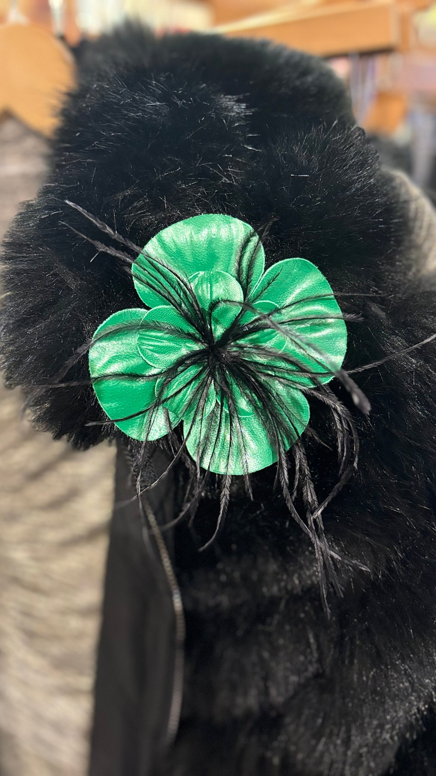 "Min" Leather Camellia & Ostrich Green Brooch Clip. 4" Clip or Pin to Scarf, Into Hair, on lapel, dress, hat and more. Handmade in the USA.