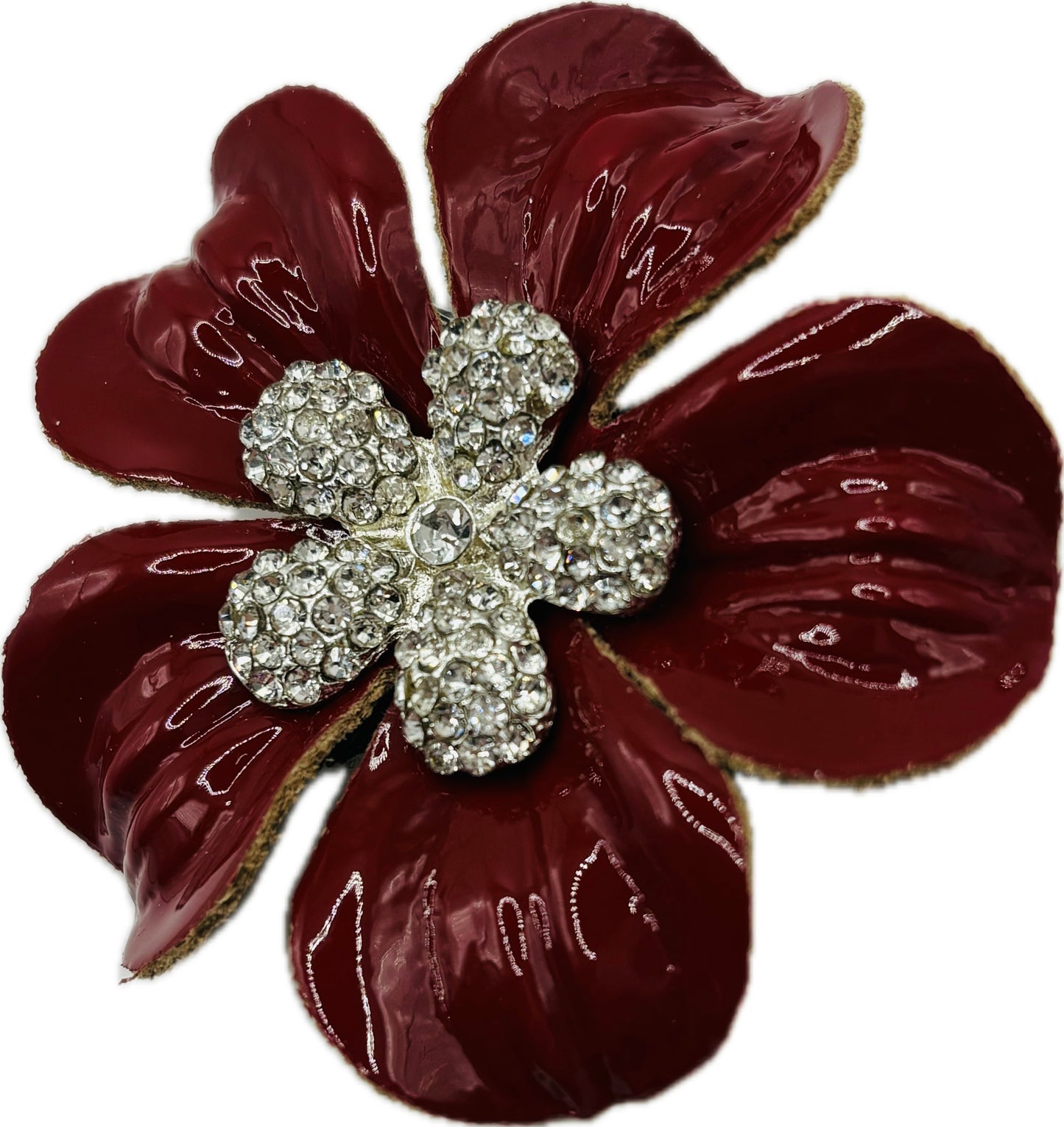 “Claudette” Red Patent Leather & Jeweled Flower Clip. 2.25" Clip into hair, onto lapel, necklace, purse, hat & more.  Made in the USA with Love.