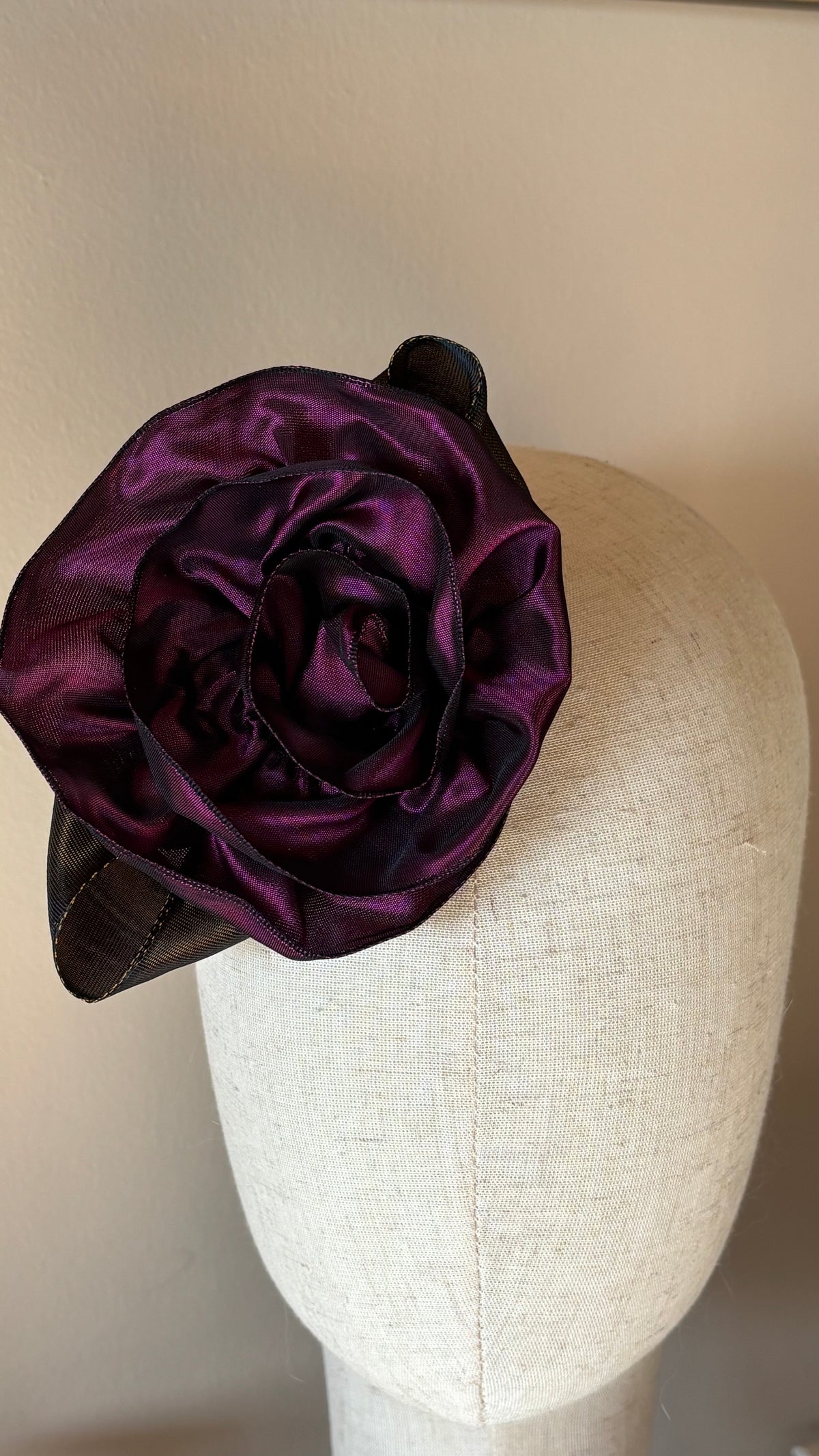 “Rosette” Brooch & Clip Plum.  Pin or Clip to dresses, lapels, purse, hat or wear as a boutonniere. Made in the USA.  You can reshape the flower and leaves to make it larger or smaller.