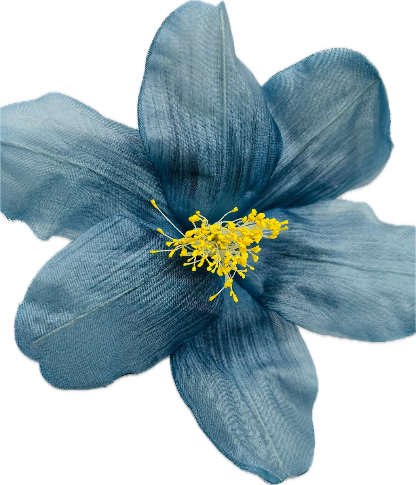 "Clementine" 4" Silk Clematis Blue Brooch and Clip. Karin's Garden. Bendable Petals. Pin or Clip into hair, onto dress, lapel, handbag and more.